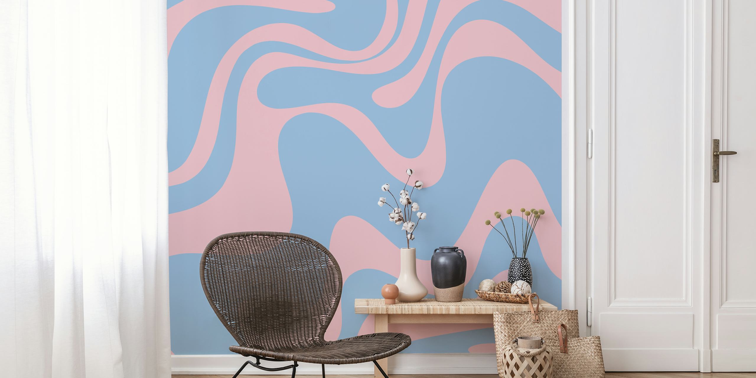 Abstract wavy shapes in pastel blue and pink wallpaper