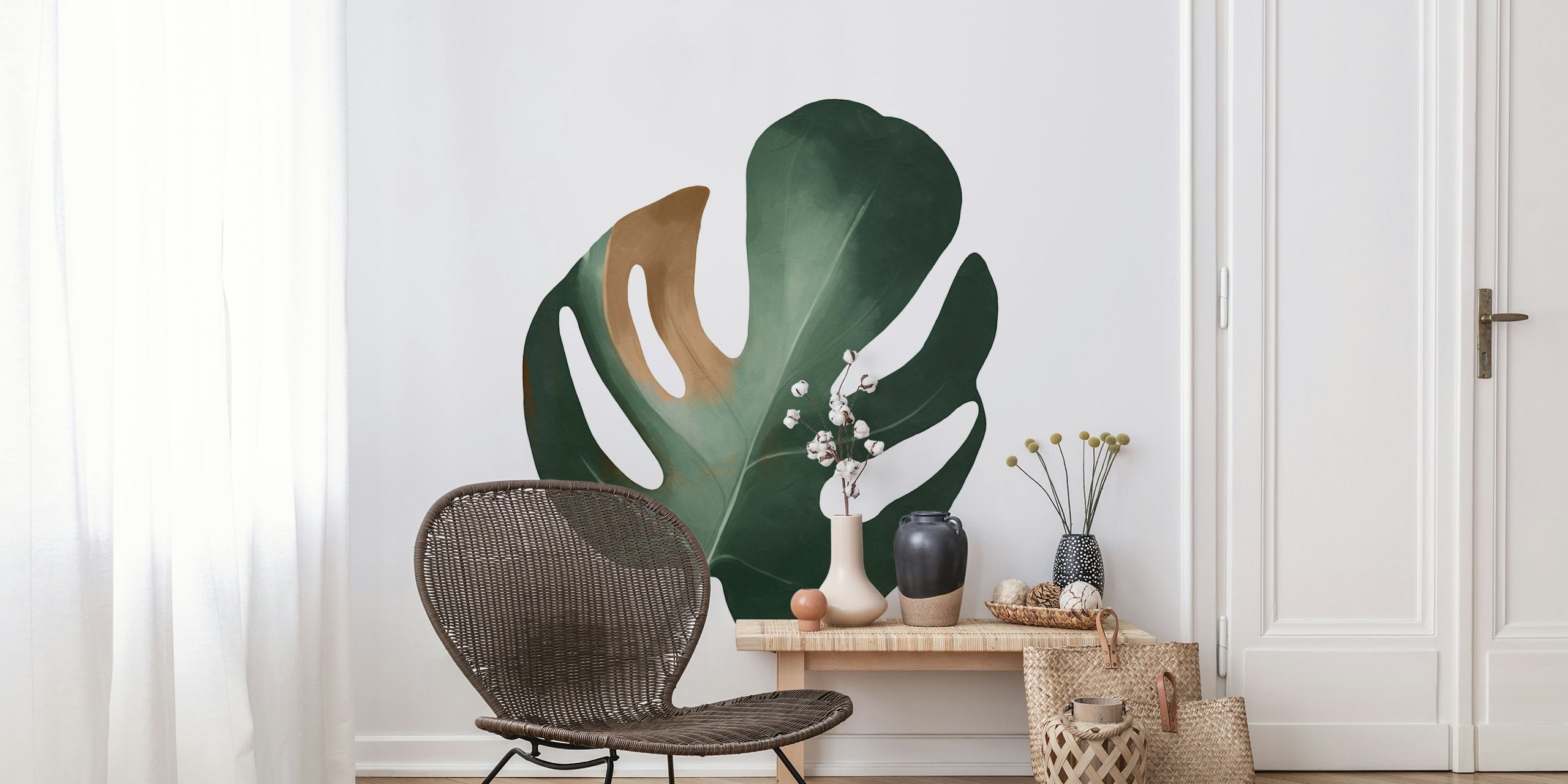 Tropical monstera leaf design in green and brown colors wallpaper