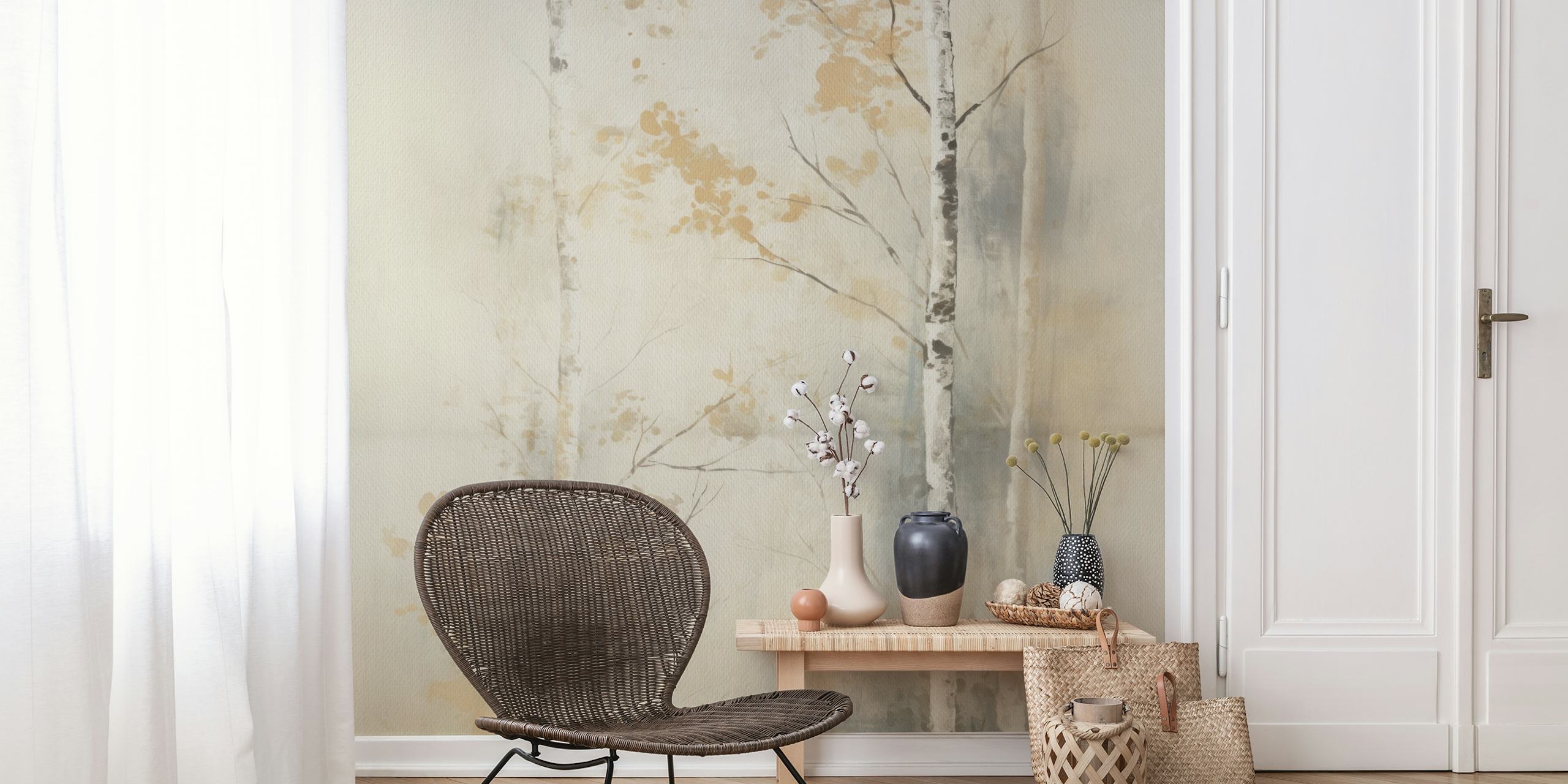 Birch trees with soft gold and gray accents wallpaper