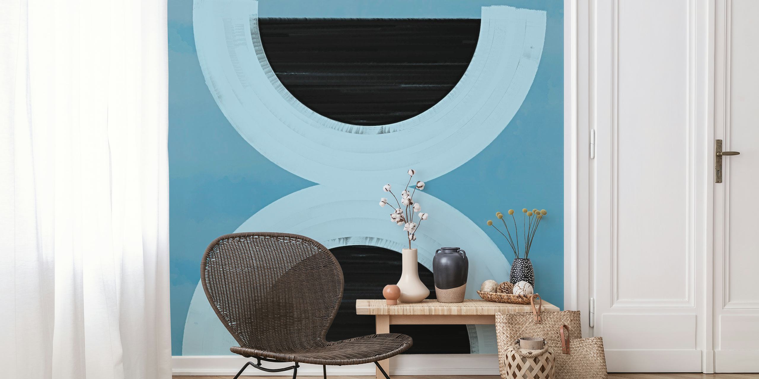 Mid Century Balance abstracte geometrische muurschildering met serene blauwe achtergrond