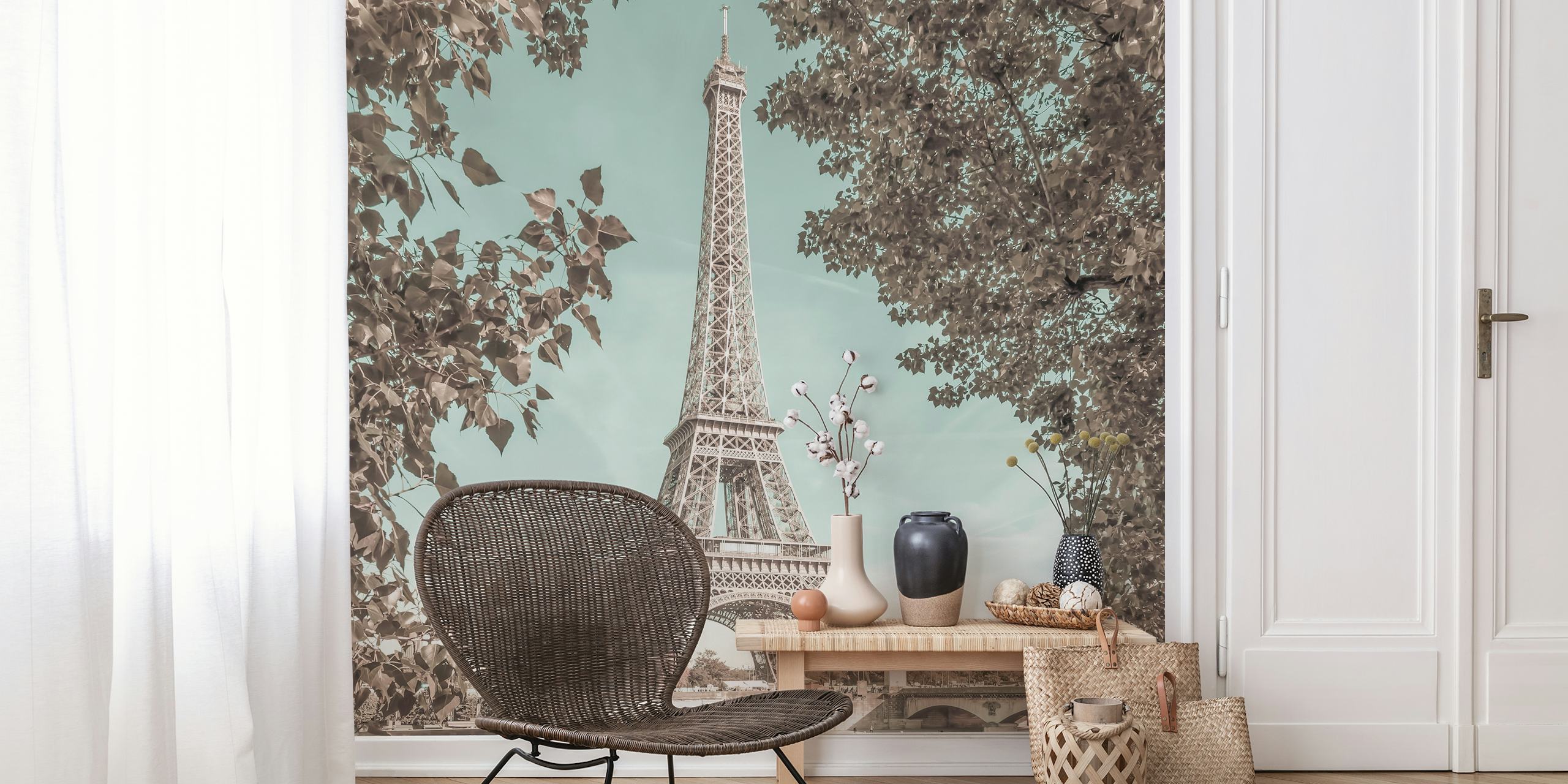 Eiffel Tower and River in soft black and white wallpaper