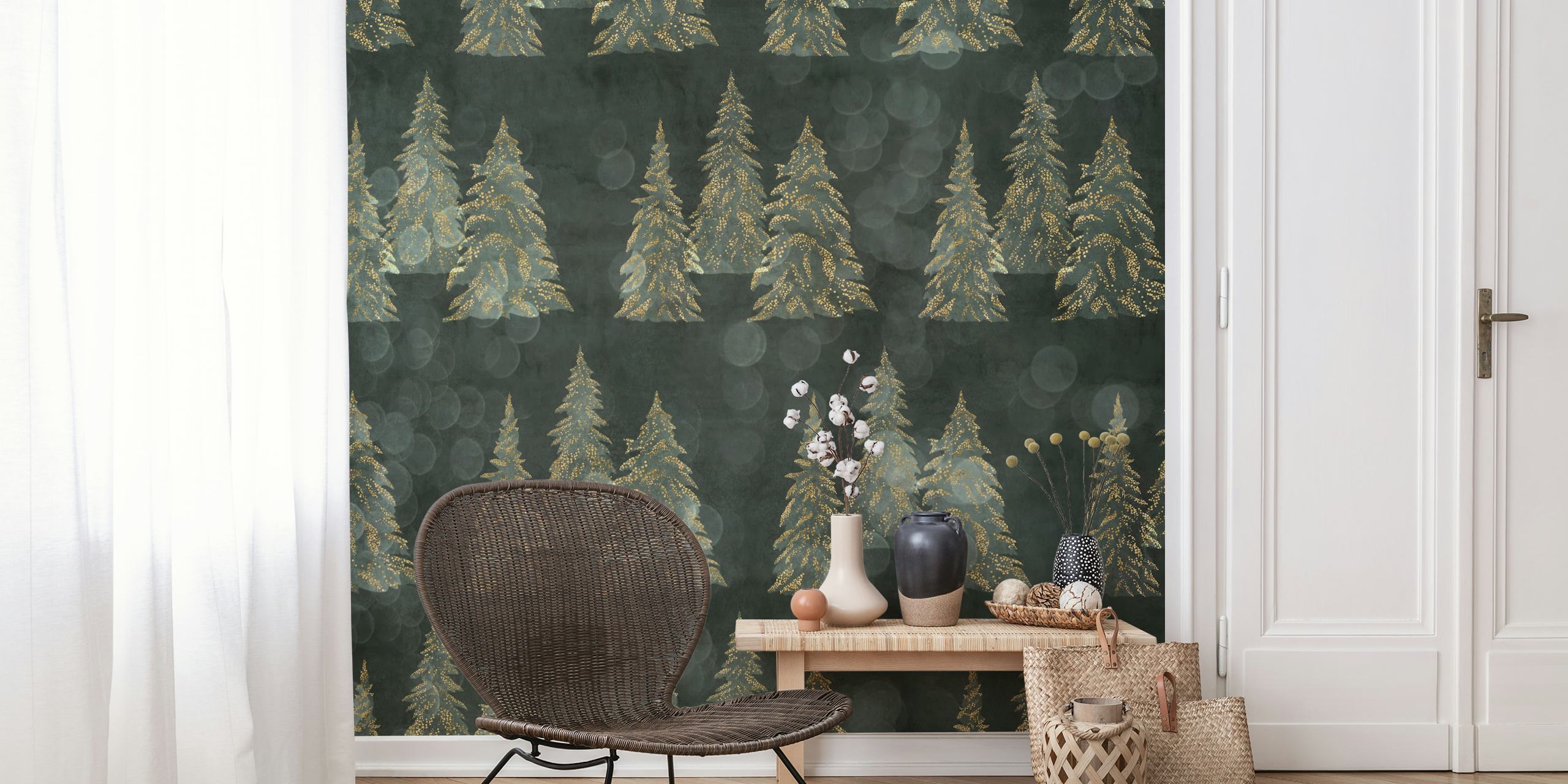 Ταπετσαρία Snowy Winter Trees - Dark Green σε ένα δωμάτιο