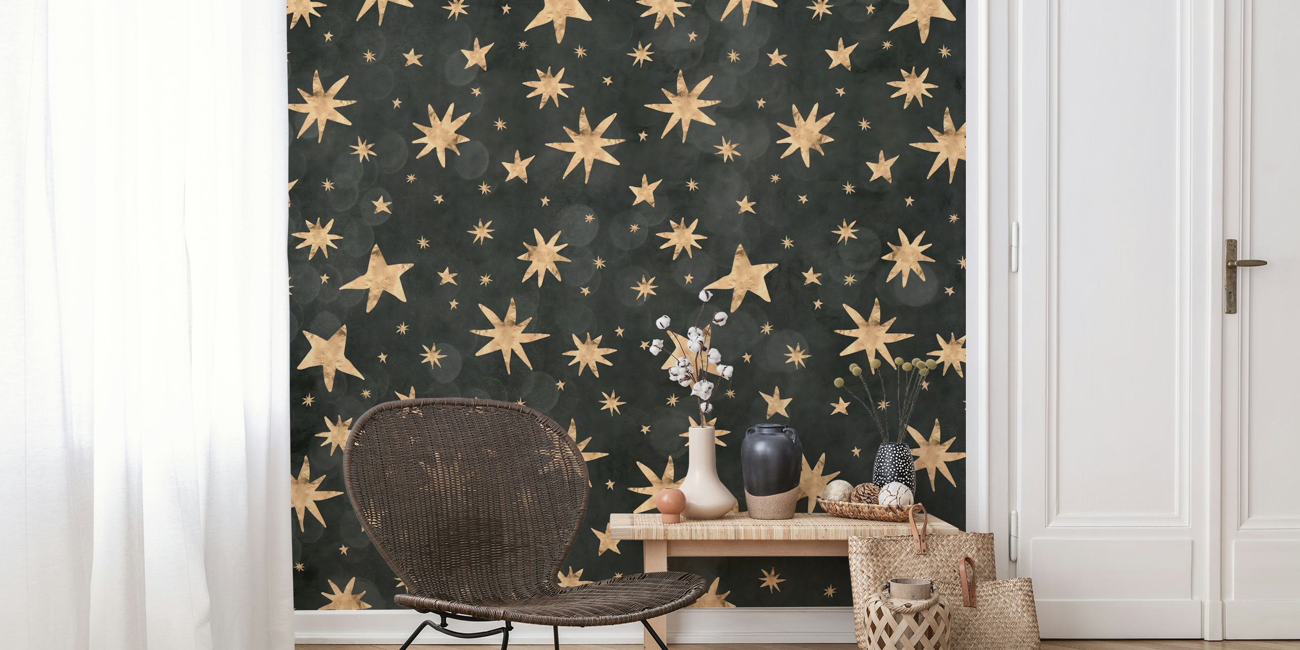 Gold star pattern on charcoal black background wallpaper