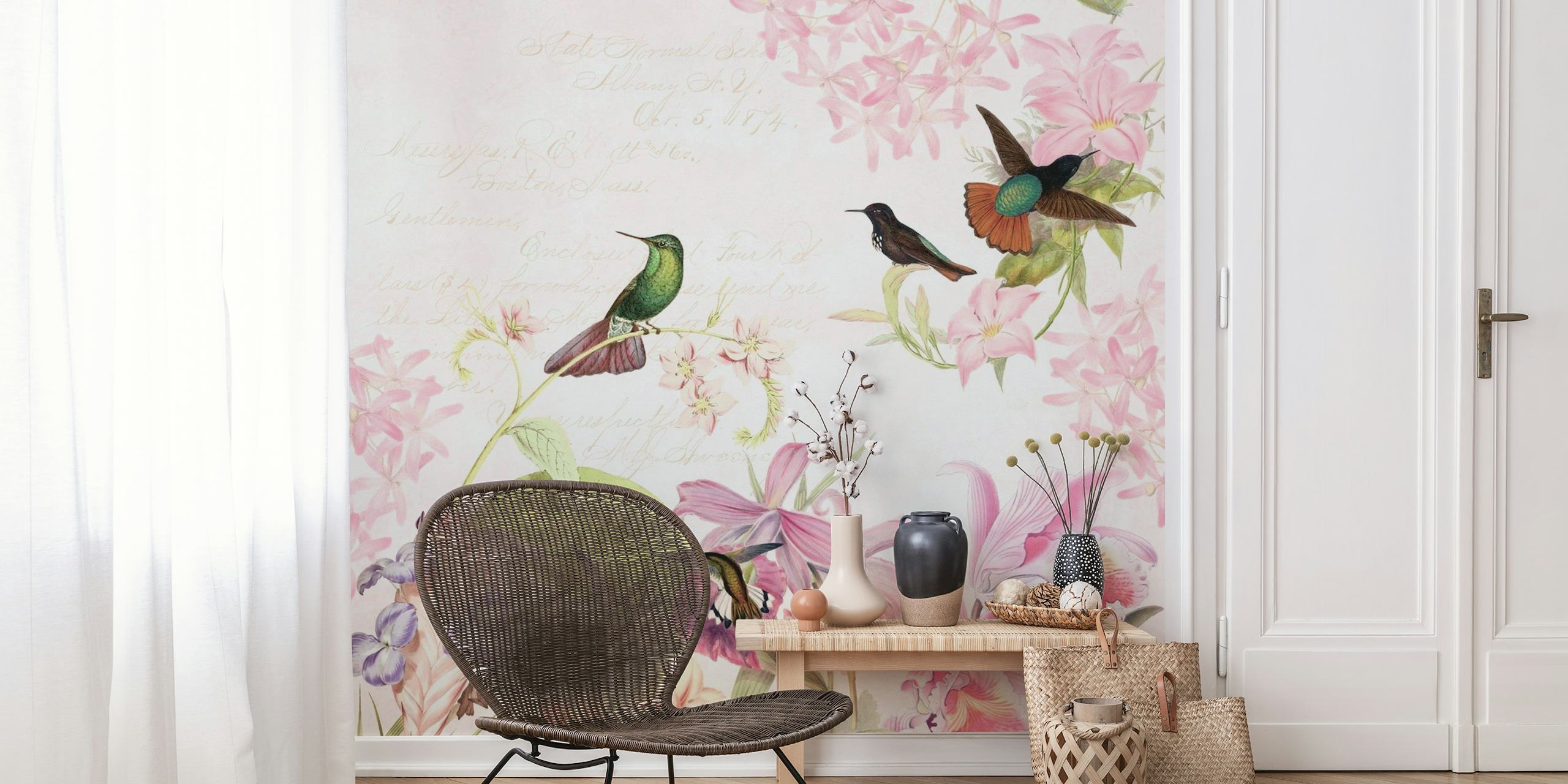 Vintage Hummingbird Floral papel de parede
