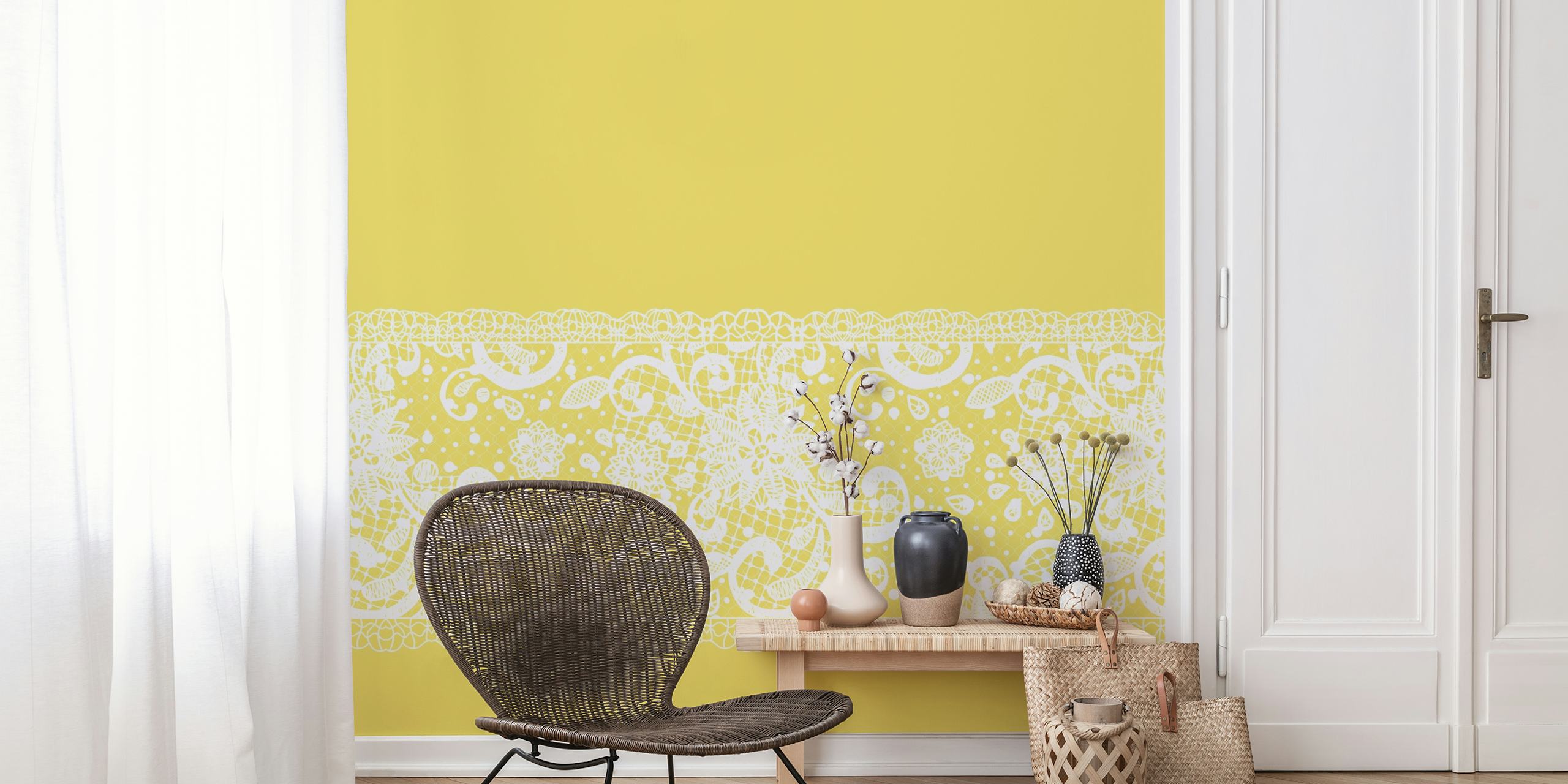 Floral lace pattern in white over sunny yellow background wallpaper