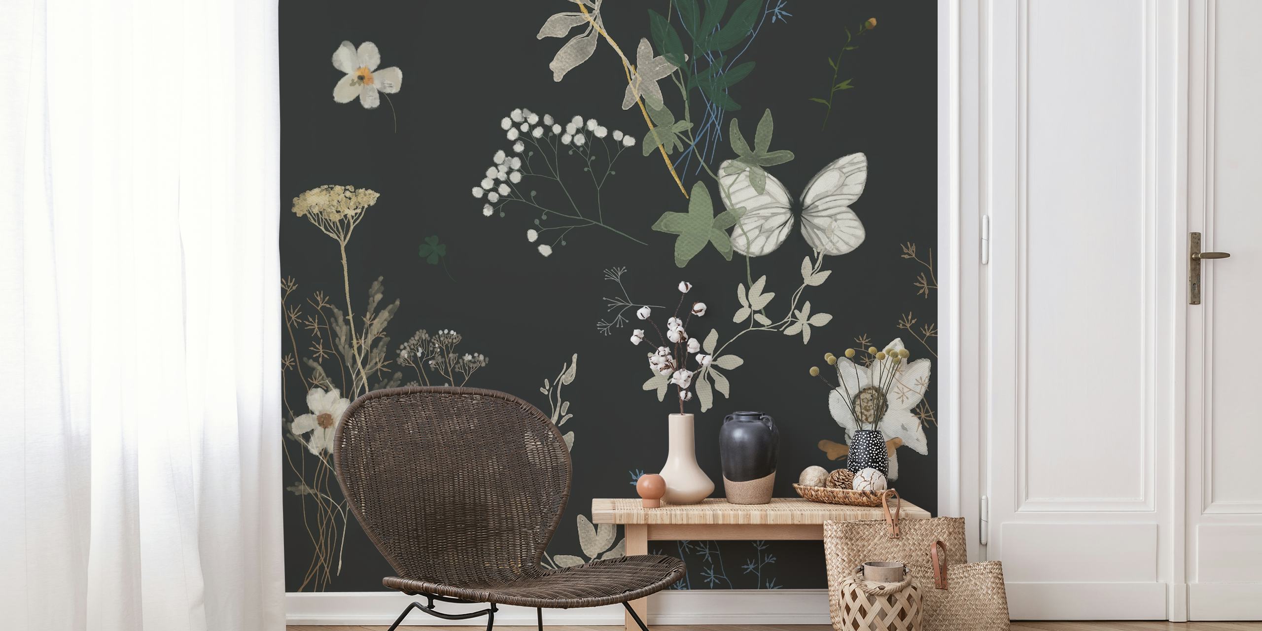 Delicate floral and butterfly patterns on black background wallpaper