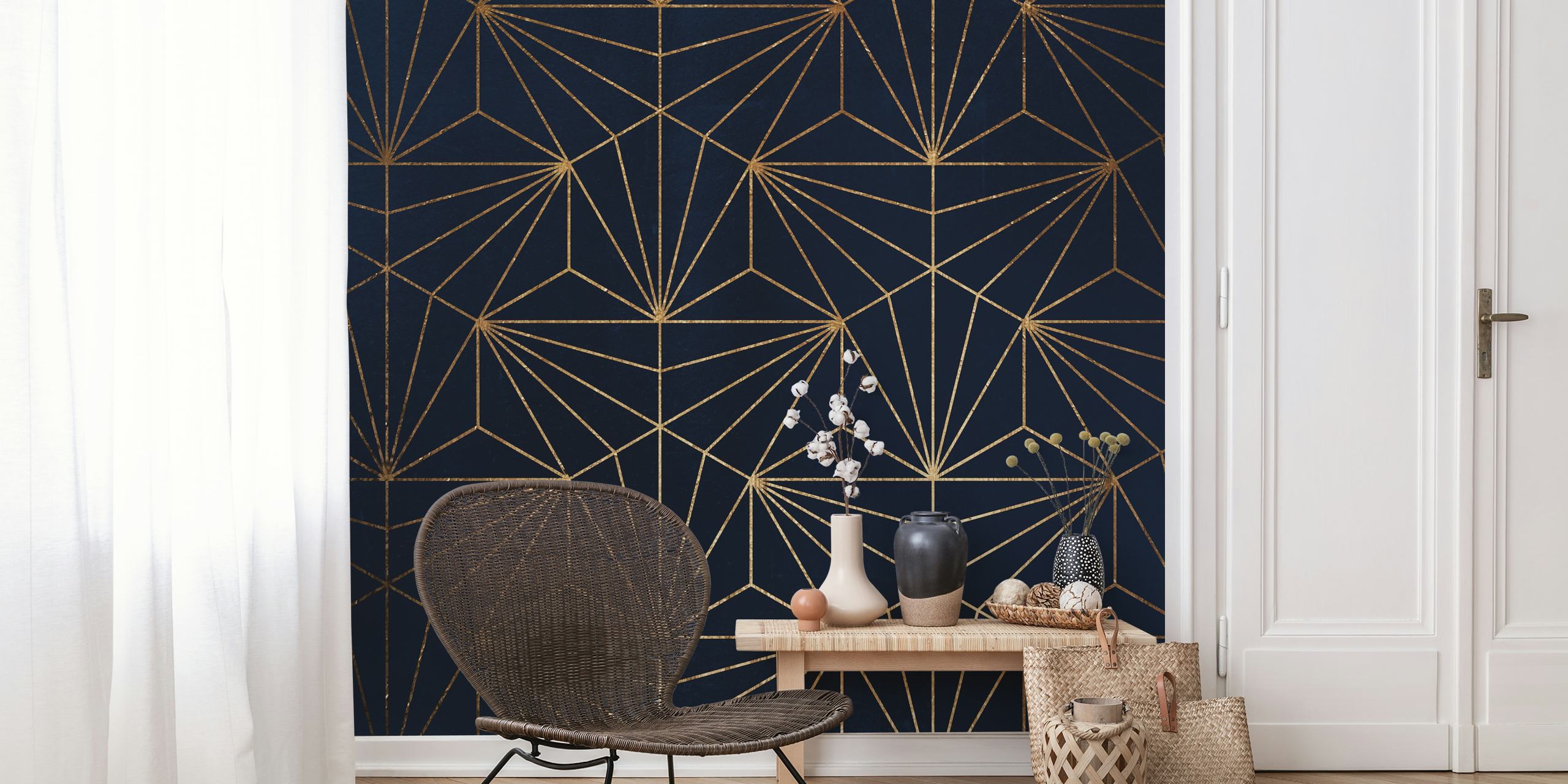 Gold geometric lines on navy blue background wallpaper