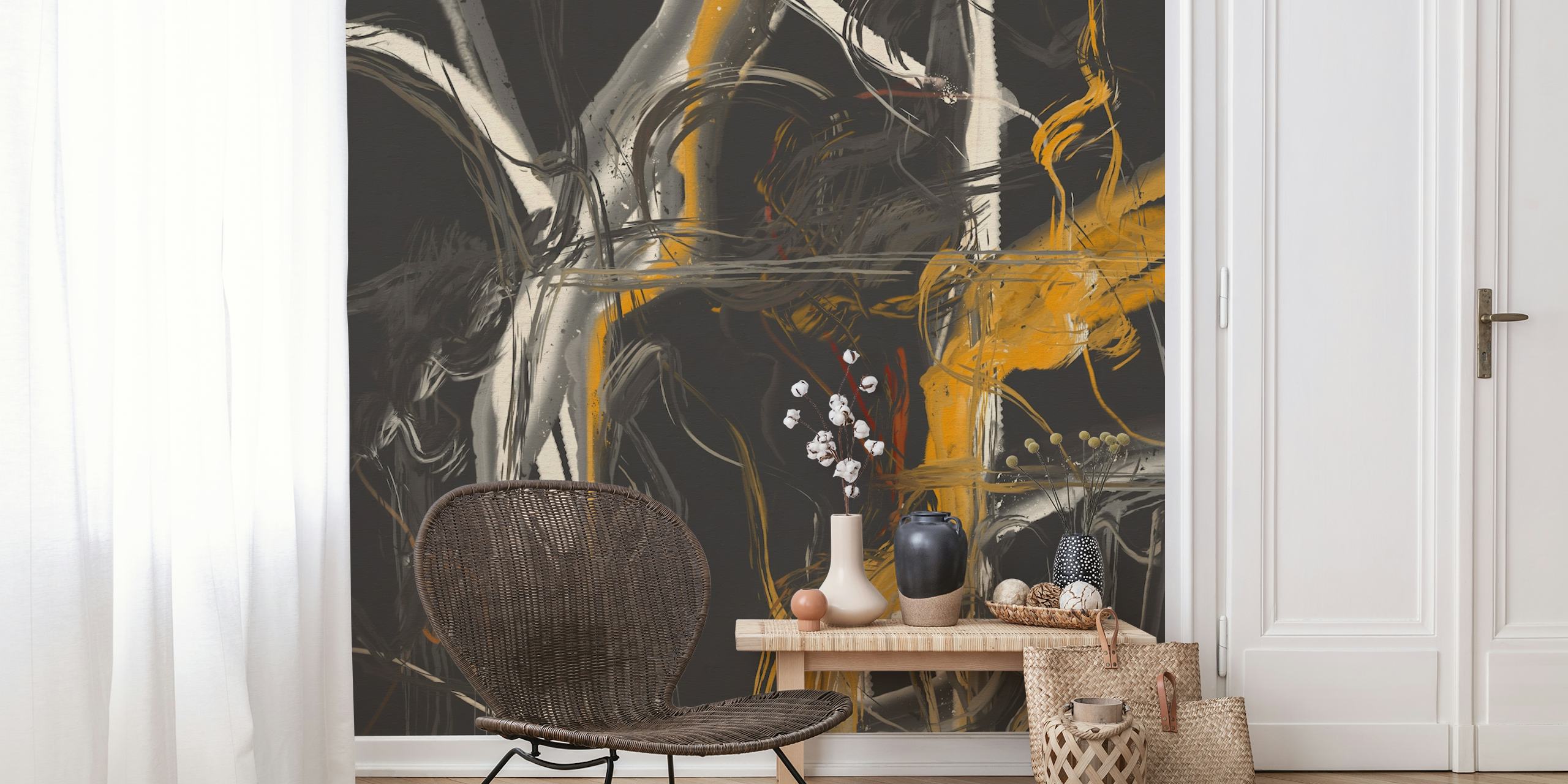 Abstract brush strokes in black, white, gray, and amber wallpaper