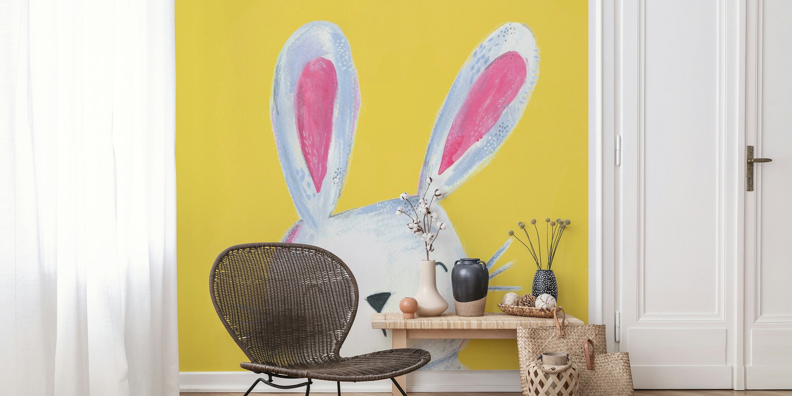 Painted bunny on yellow behang