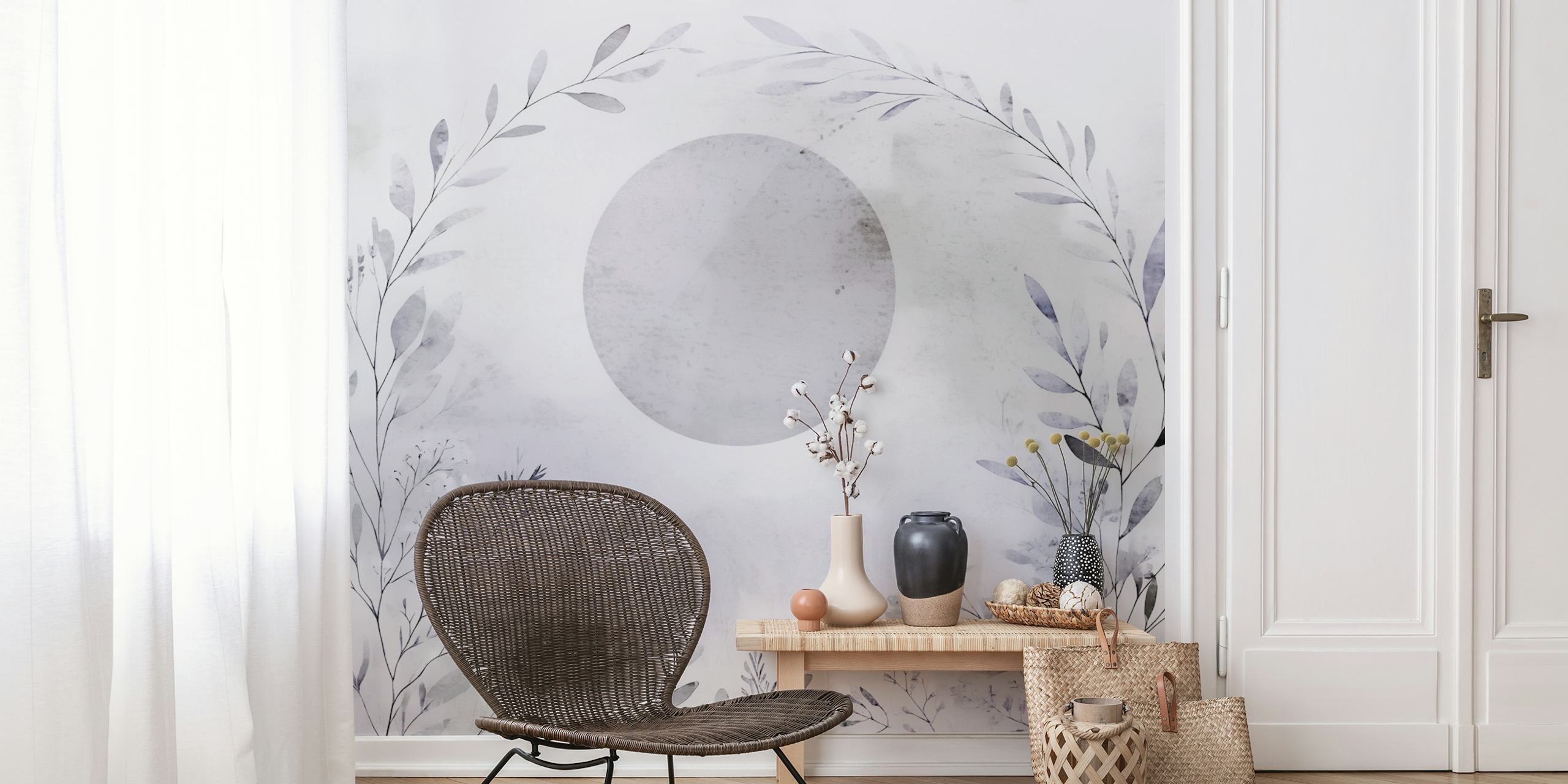 Delicate floral leaves and a grey circle pattern wallpaper