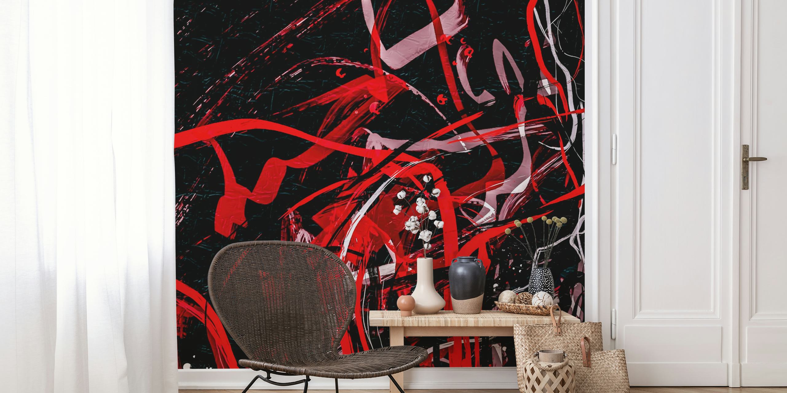 Abstract brush strokes in red, black, and white wallpaper