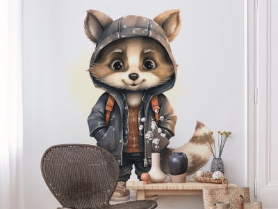 Watercolor Cartoon Raccoon in a Hoodie