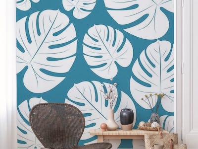 White Palm Leaves Teal Green