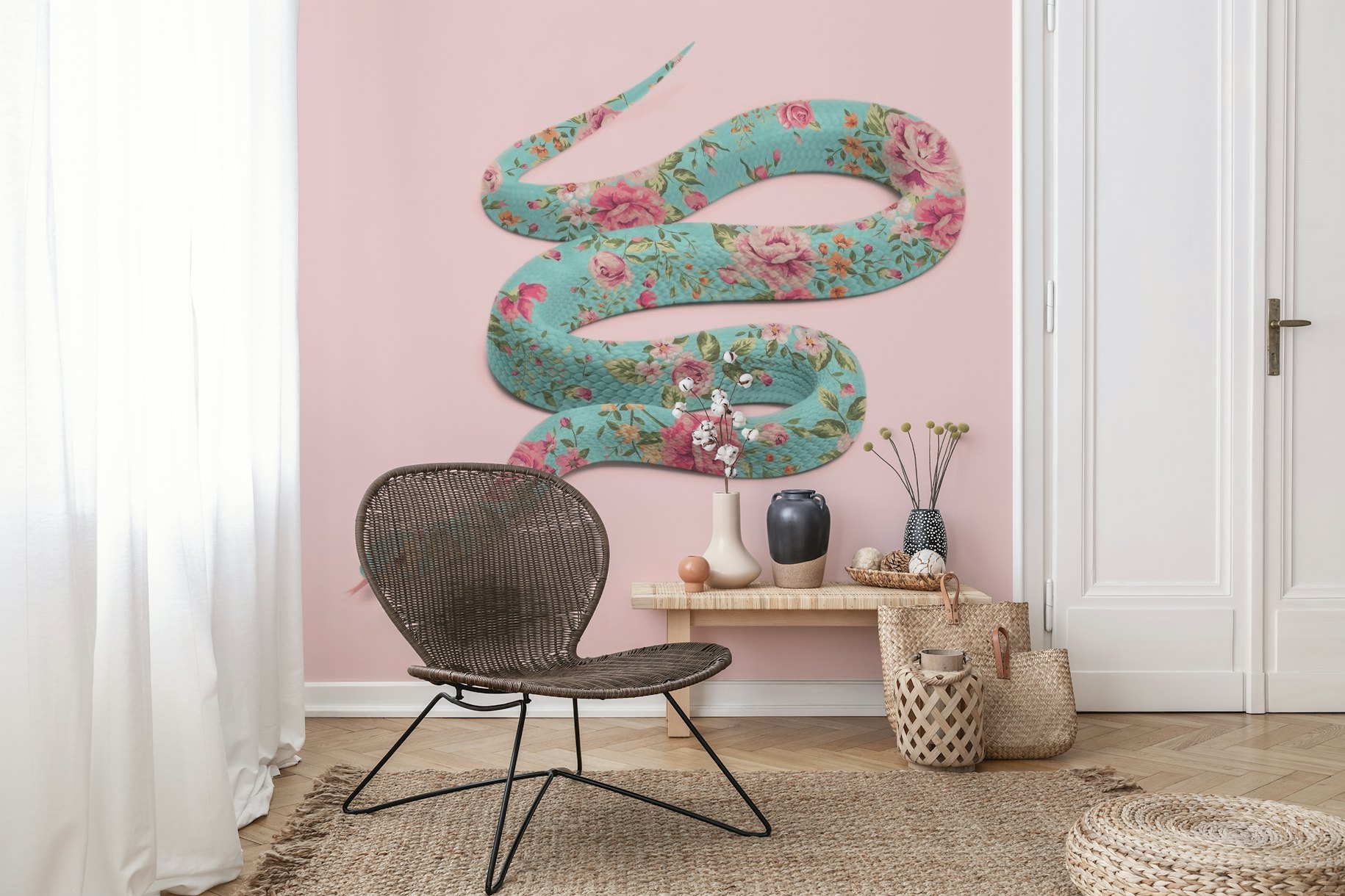 Floral Snake Wallpaper - A beautiful and elegant snake design on a soft pink background