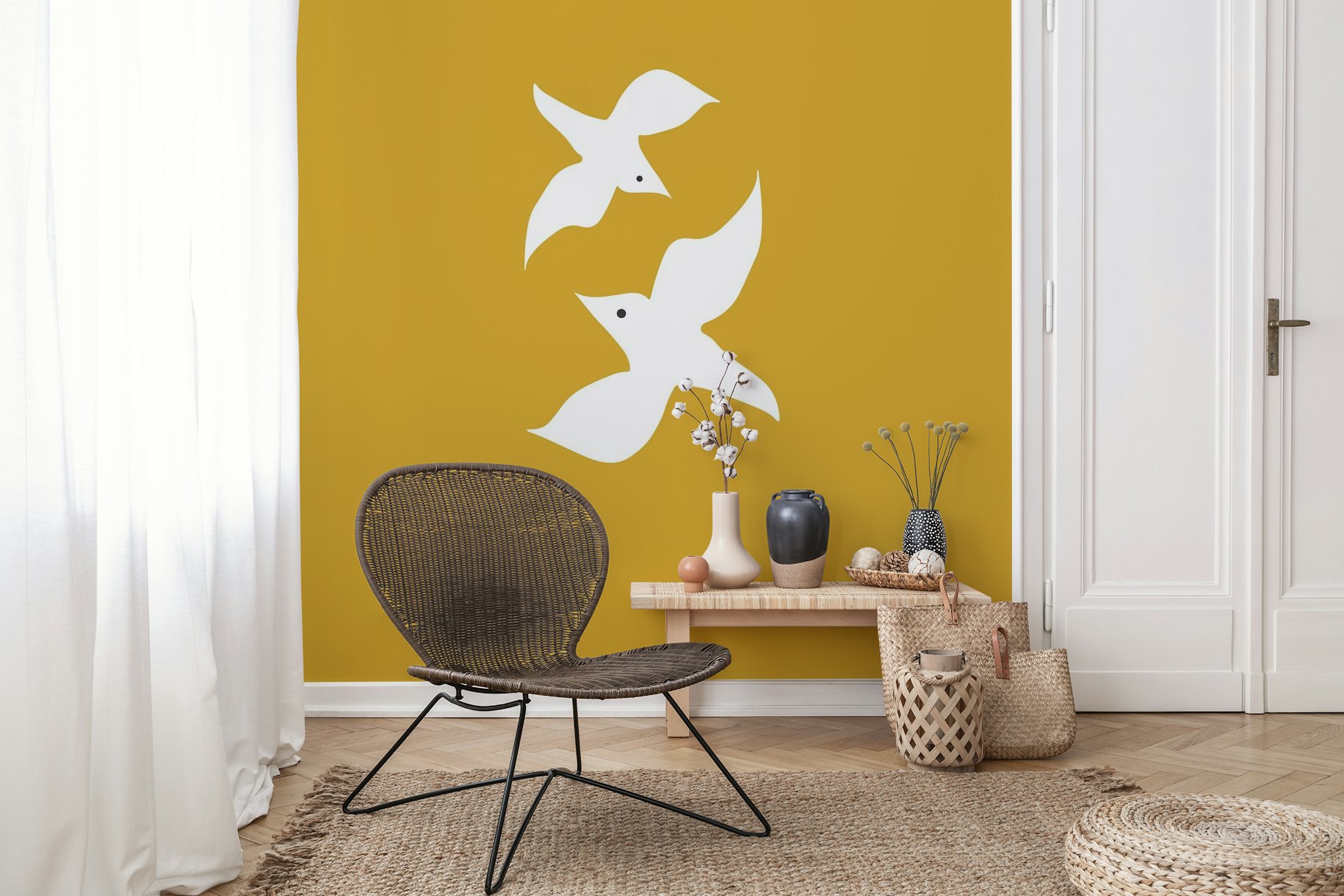 Love birds in mustard yellow wallpaper