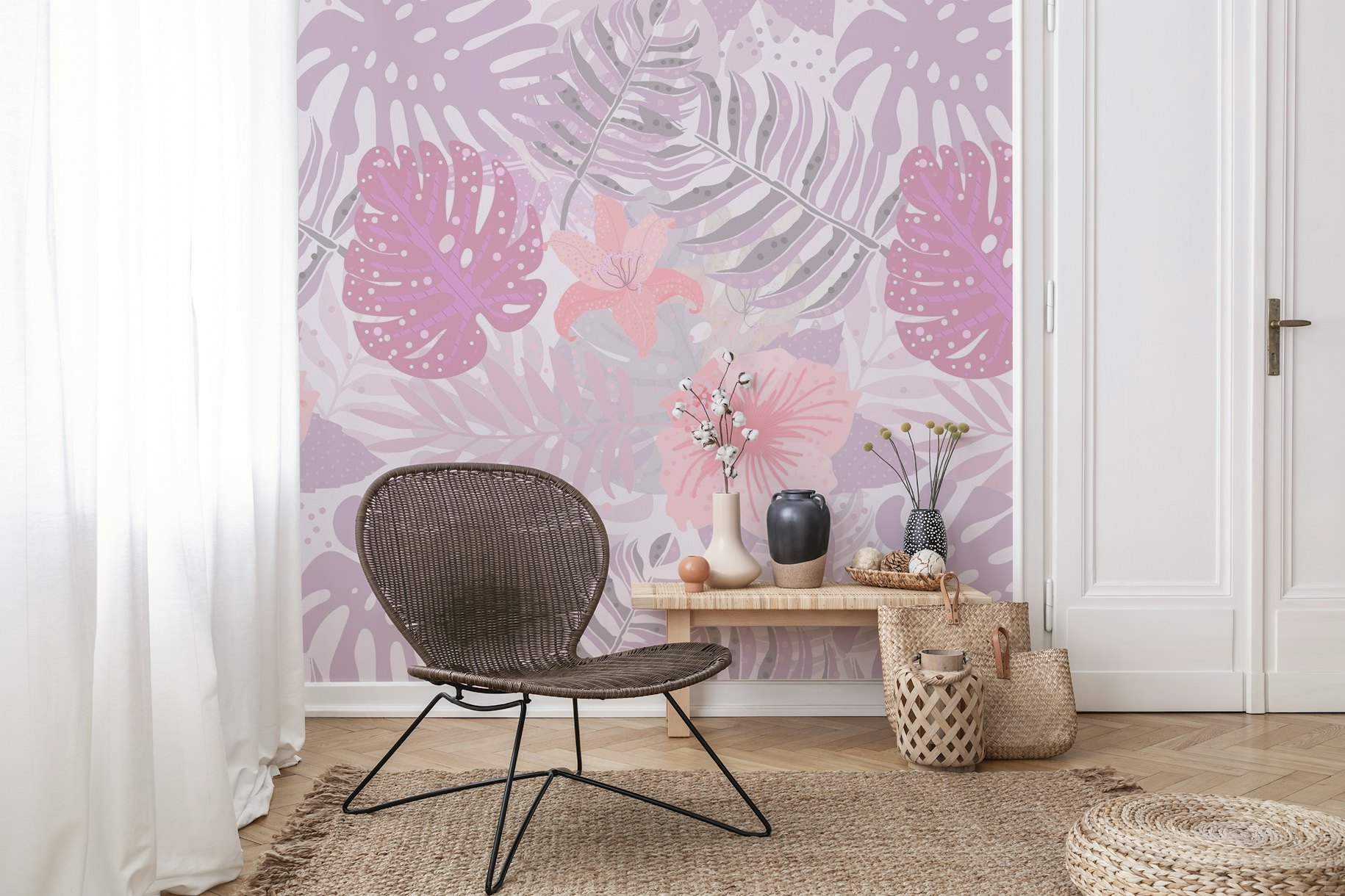 Pink Tropical Flower and Leaf Jungle tapet