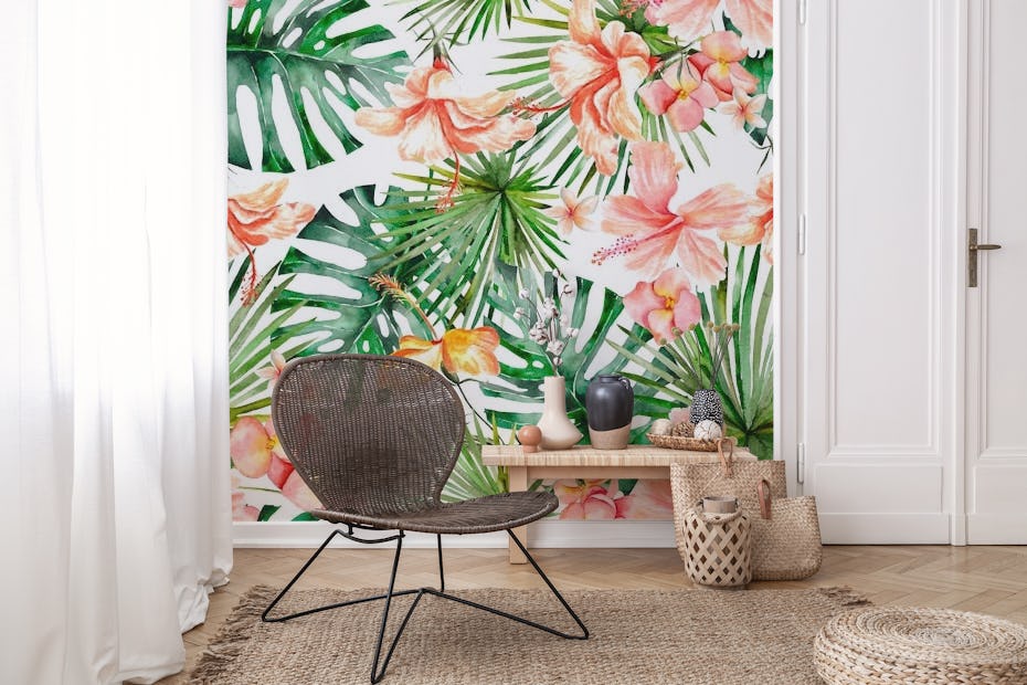 Hibiscus Flowers and Tropical Leaves wallpaper - Happywall