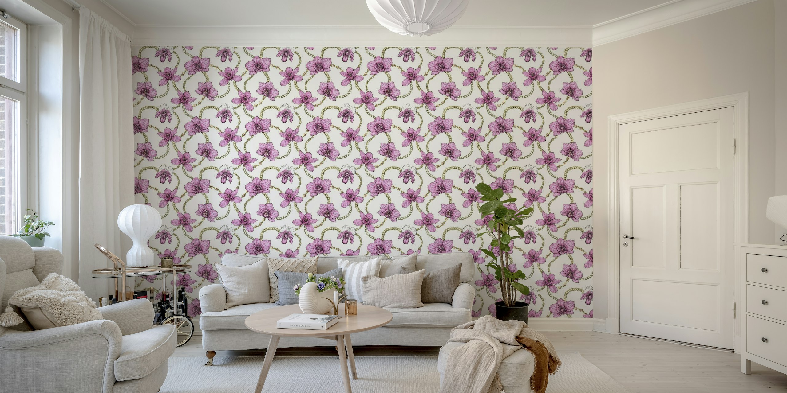 Orchids and chains, pink and off white papel pintado