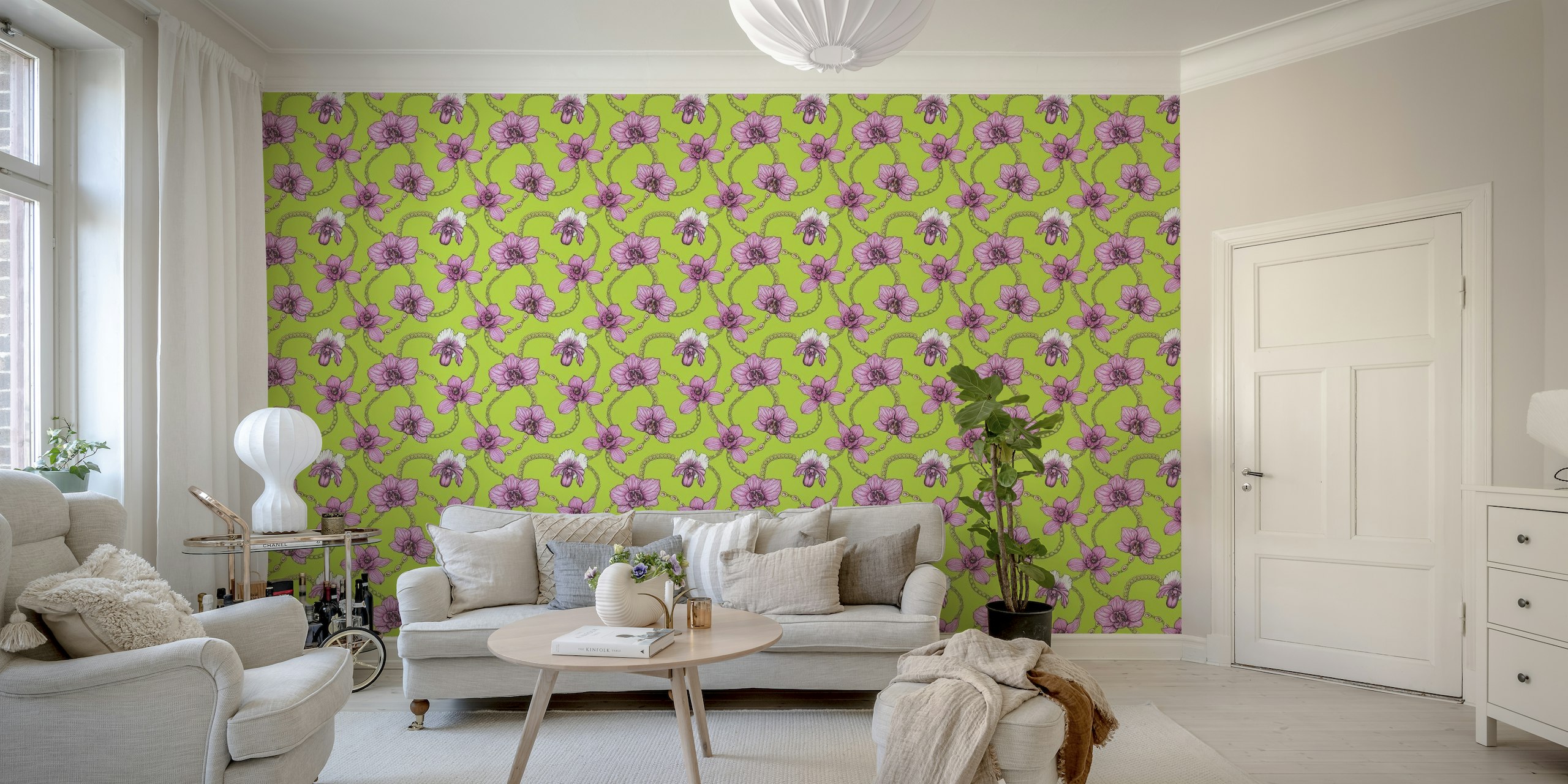Orchids and chains, pink and lime green papel pintado