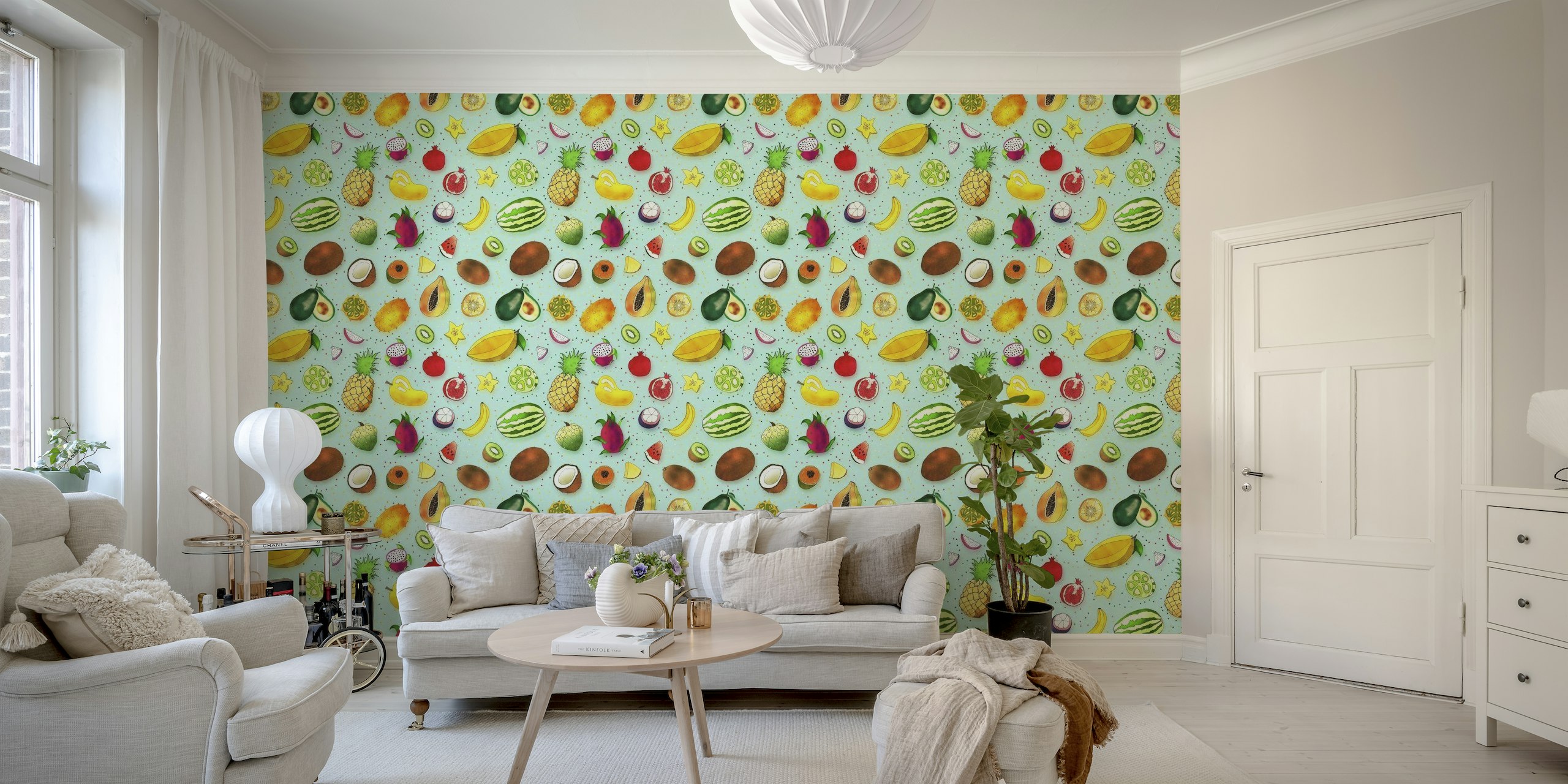 Colorful tropical fruits illustration on blue background wall mural