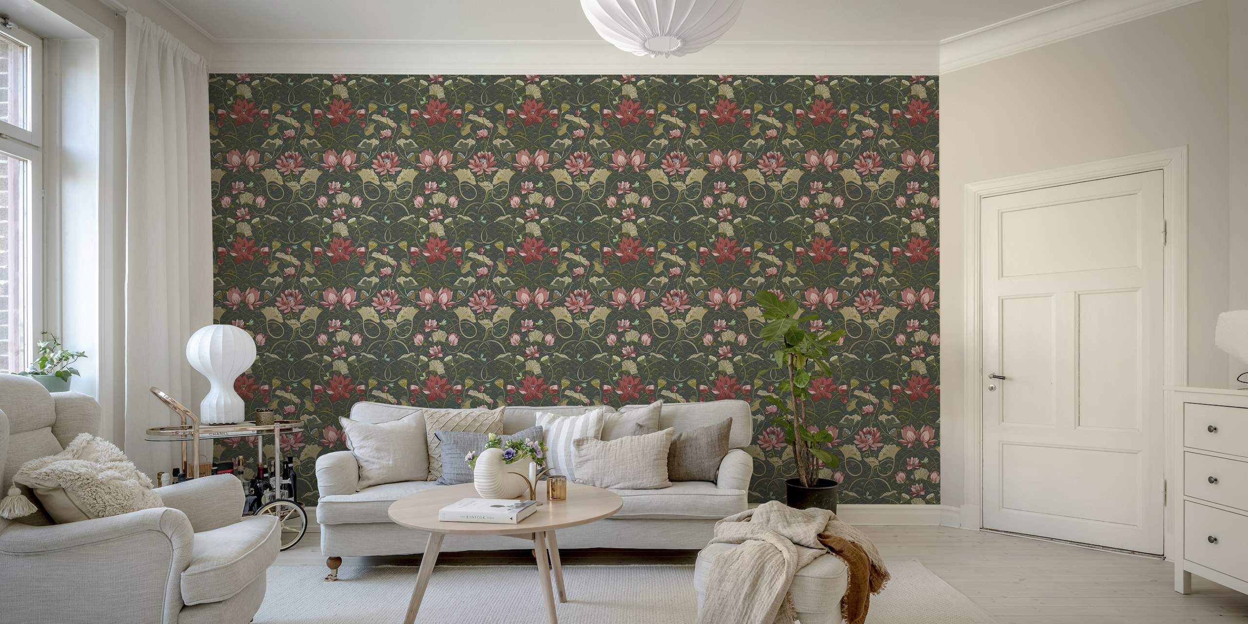 Lotos Damask Olive Green Wall Mural with Floral Pattern