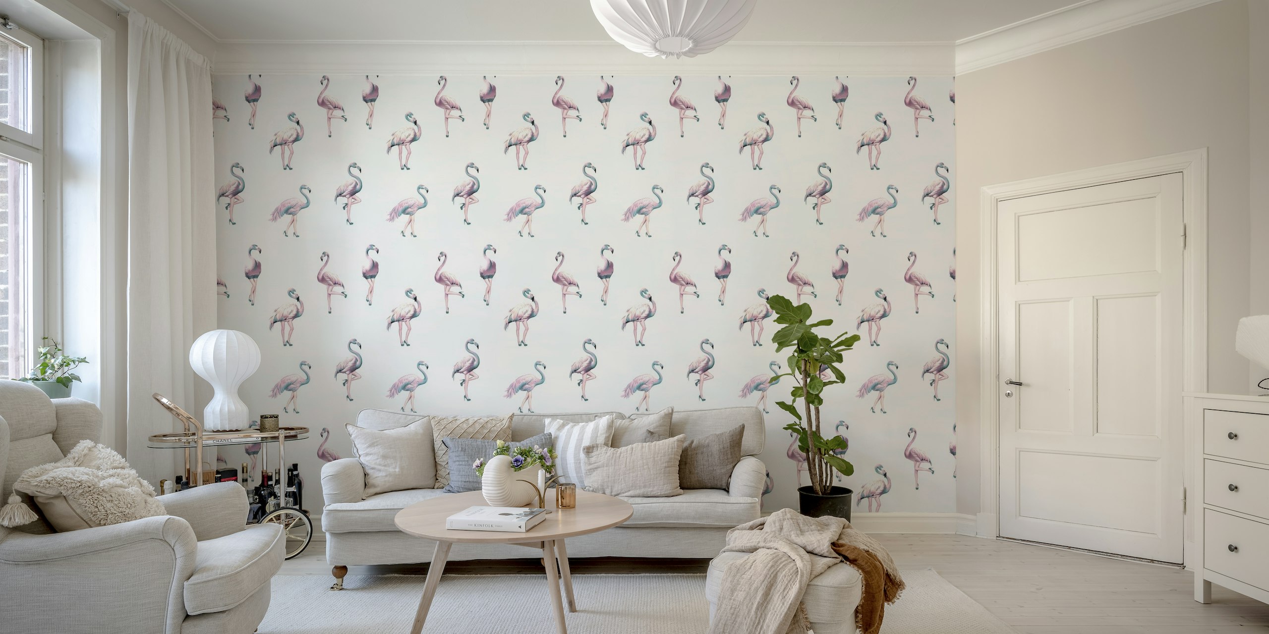 Stijlvolle muurschildering met flamingosilhouetten in de kleuren aquablauw, roze en groenblauw.