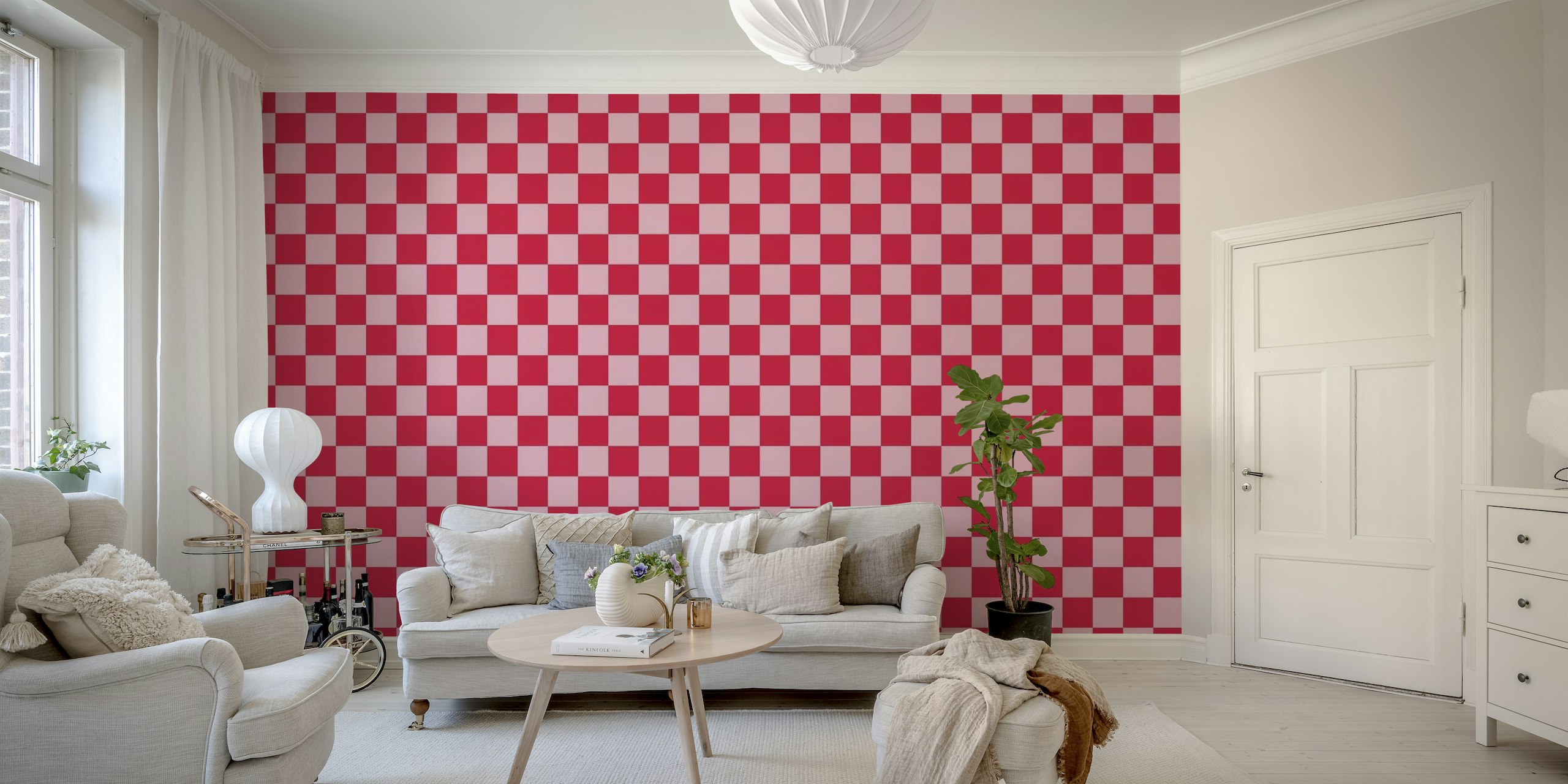 Fotomural vinílico de parede grande com padrão xadrez rosa e carmesim