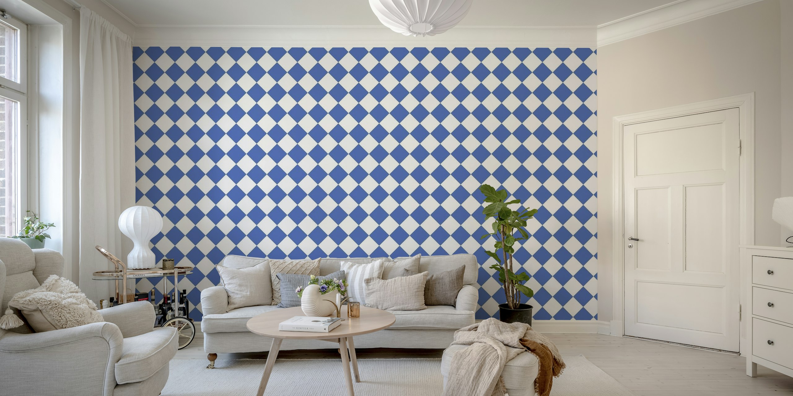 Diagonal Checkerboard Large - Blue White papel de parede
