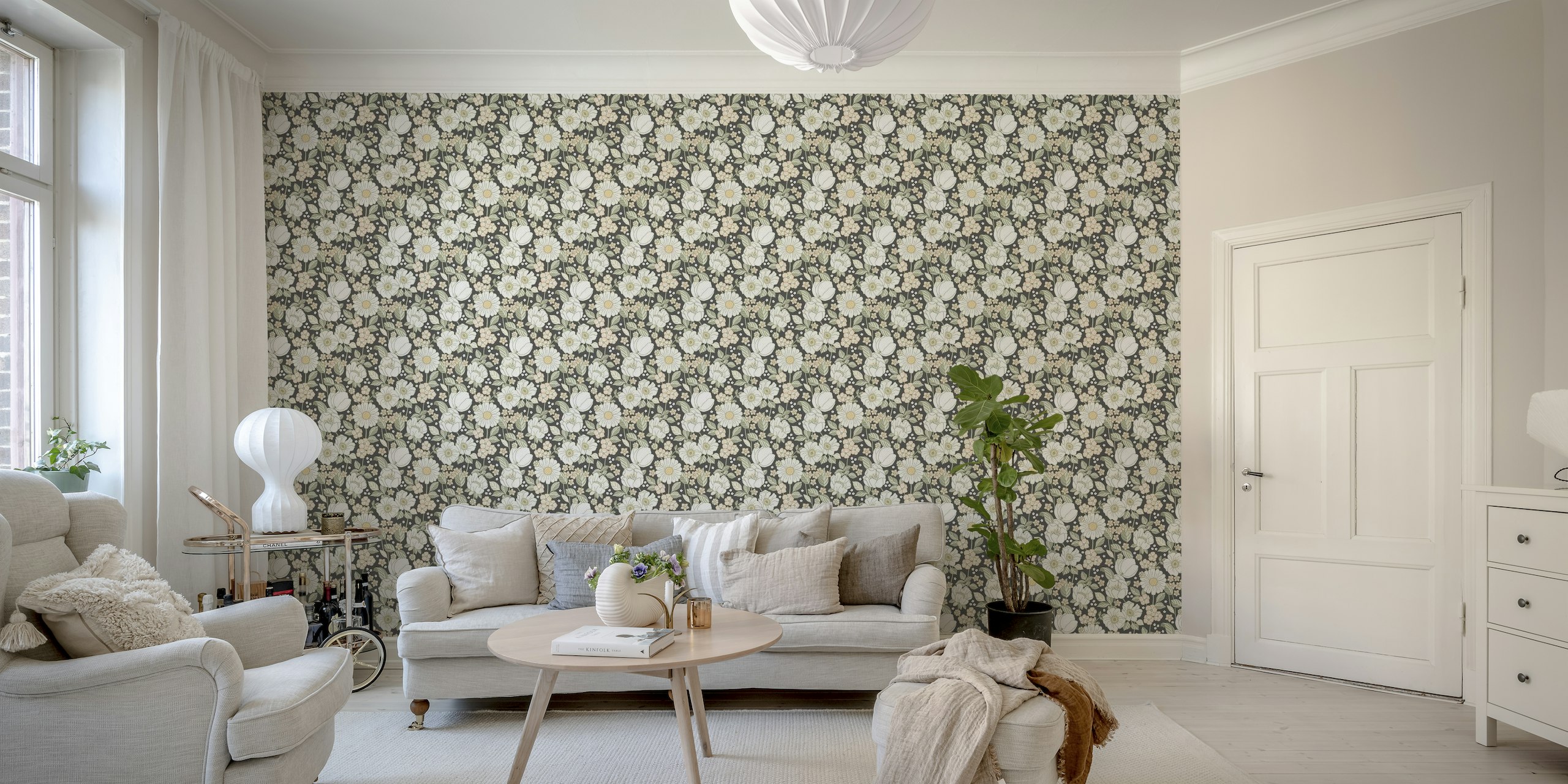Garden Bloom Grey - Keskikokoinen seinämaalaus harmaalla lehdellä ja valkoisilla kukilla