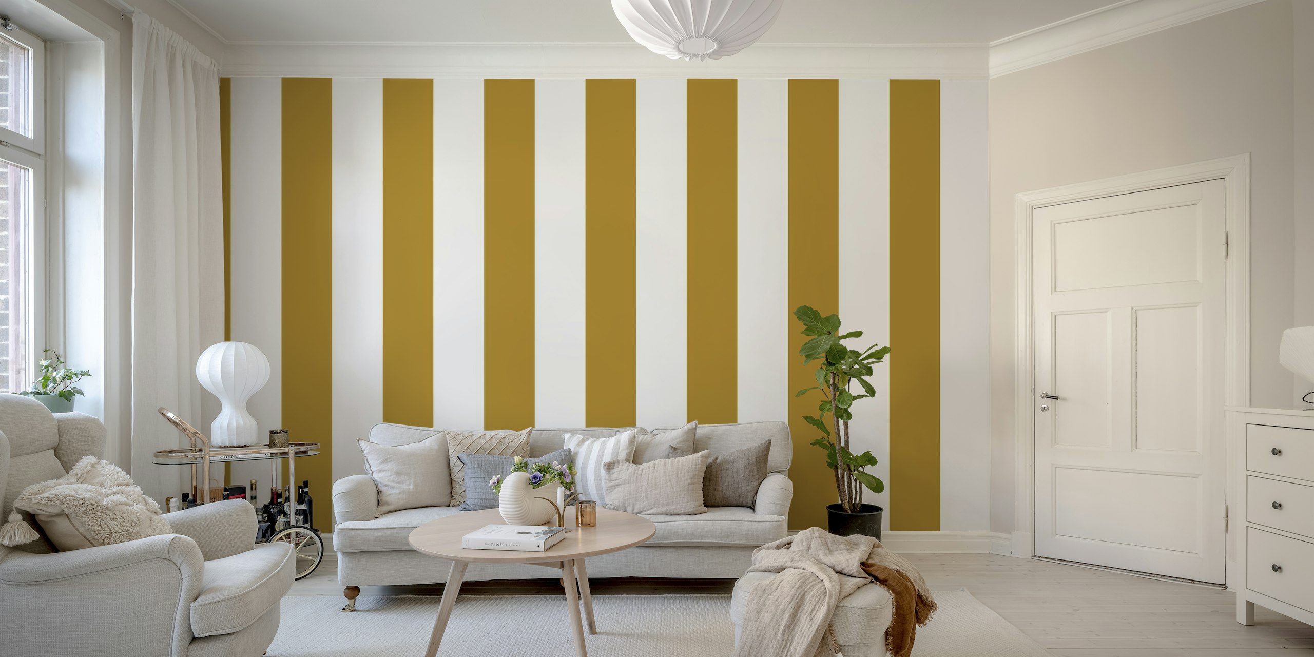 Carta da parati con strisce verticali dorate per la decorazione d'interni