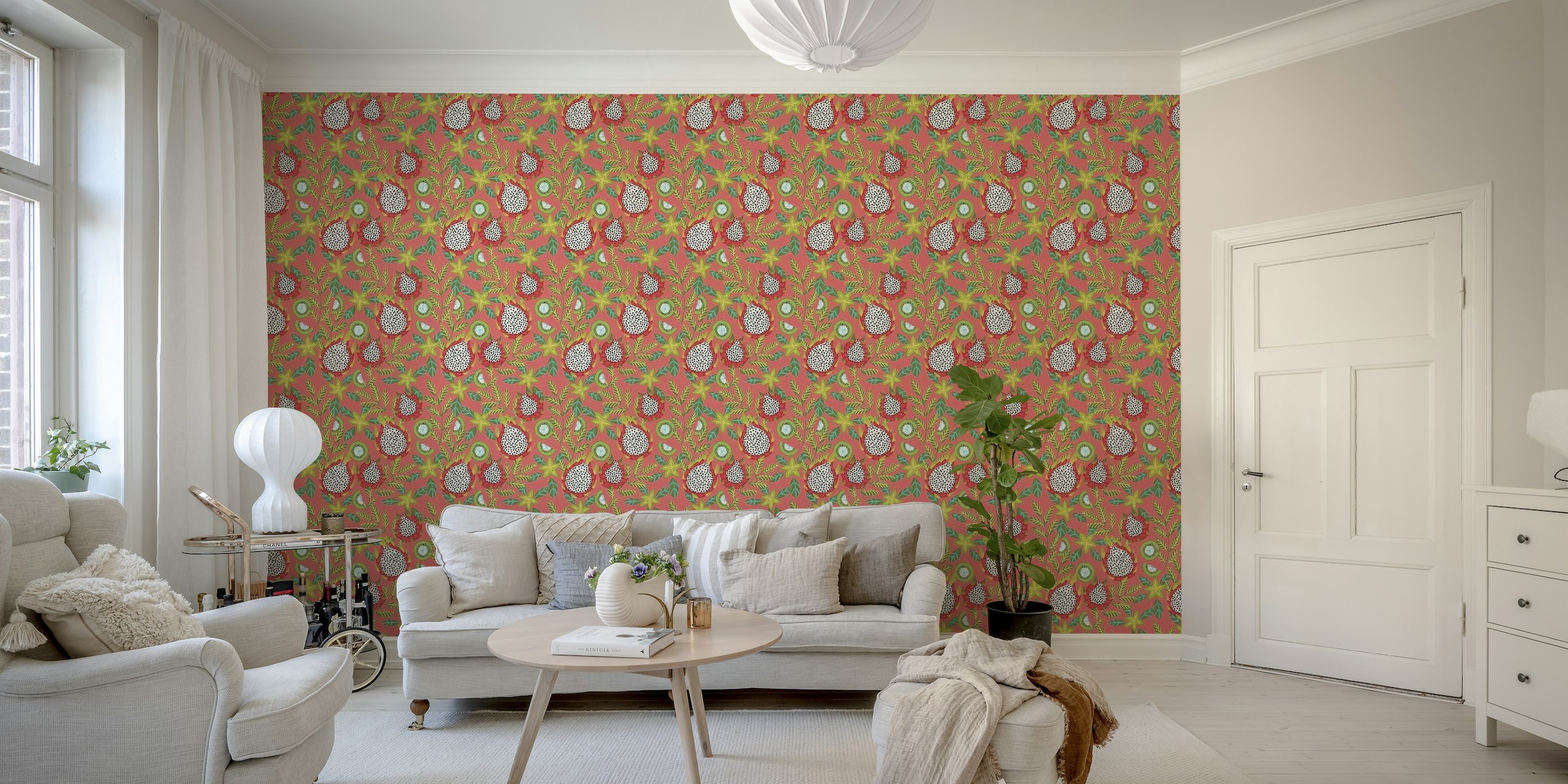 Dragon fruit and kiwi on watermelon red wallpaper