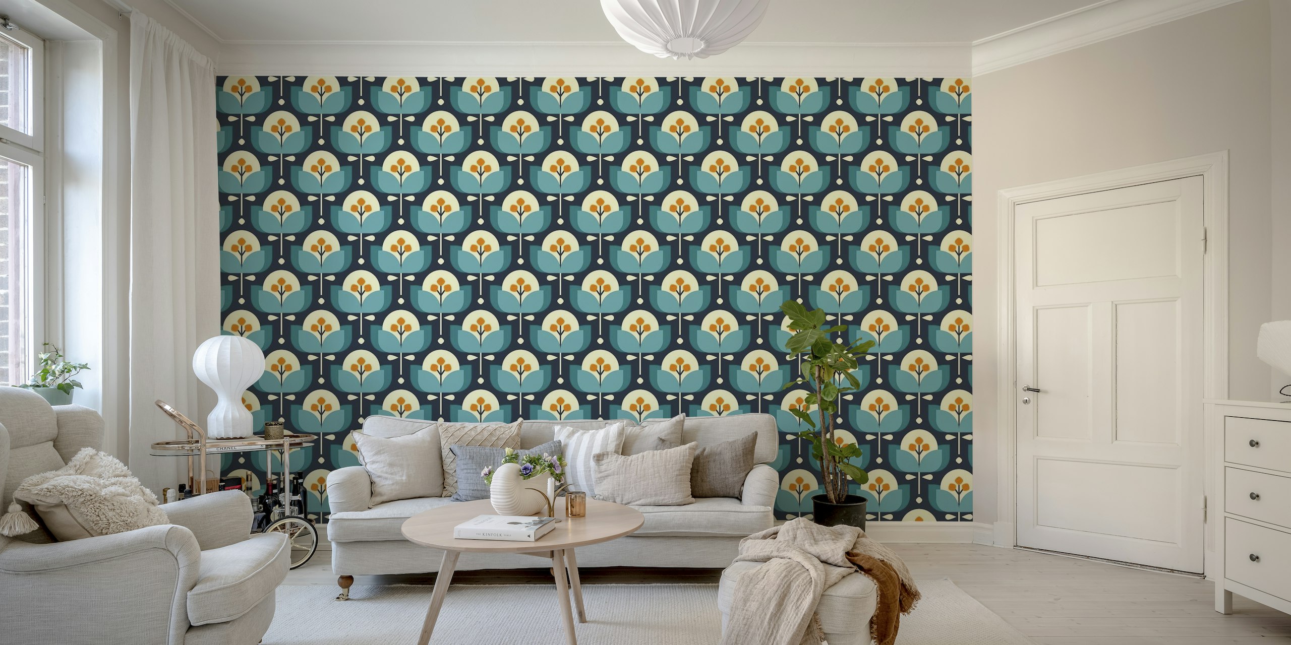 Scandinavian geometric flowers pattern, blue (2756A) tapete
