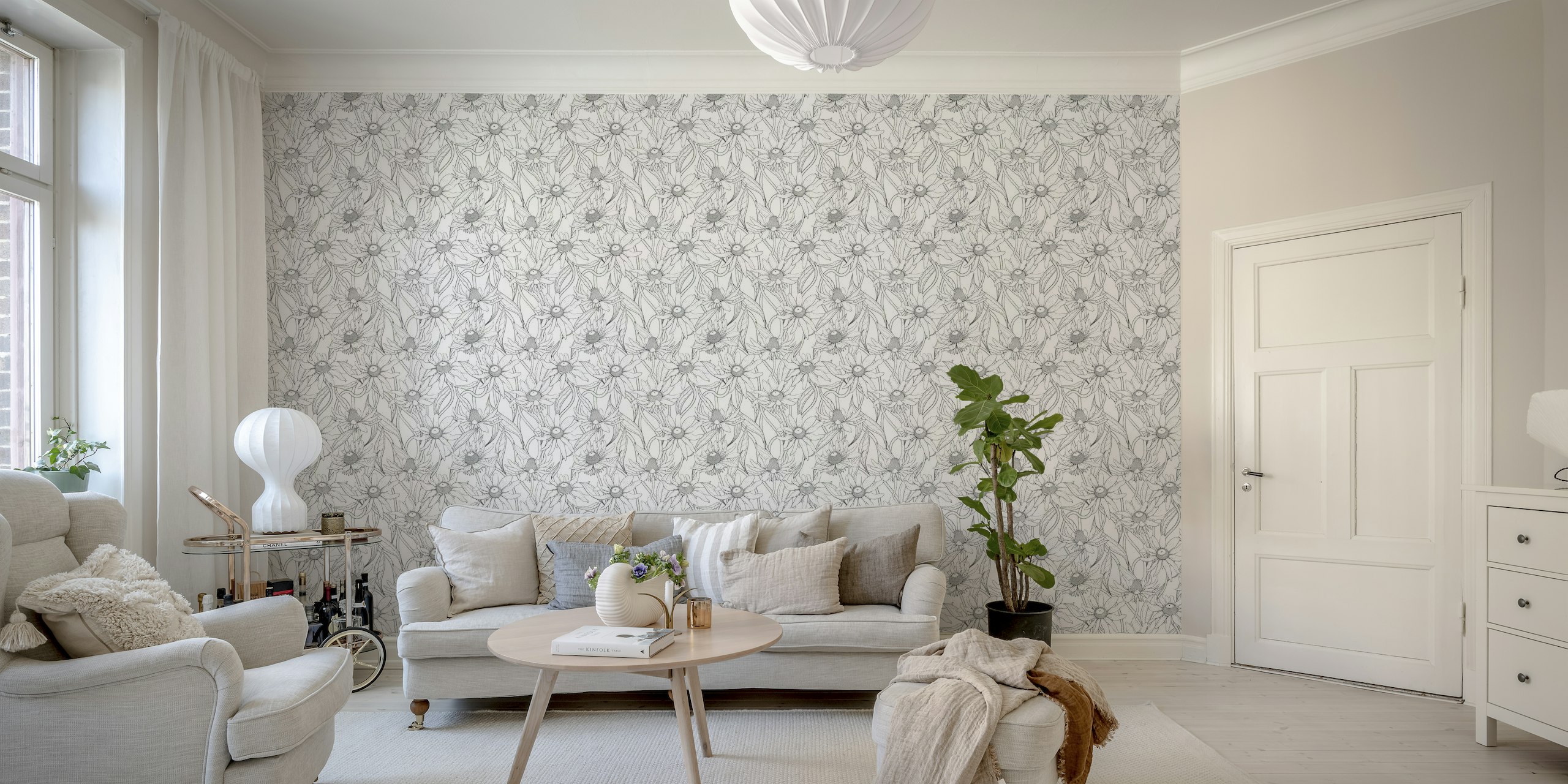fotomural vinílico de parede com padrão de flor rudbeckia preto e branco para decoração de interiores