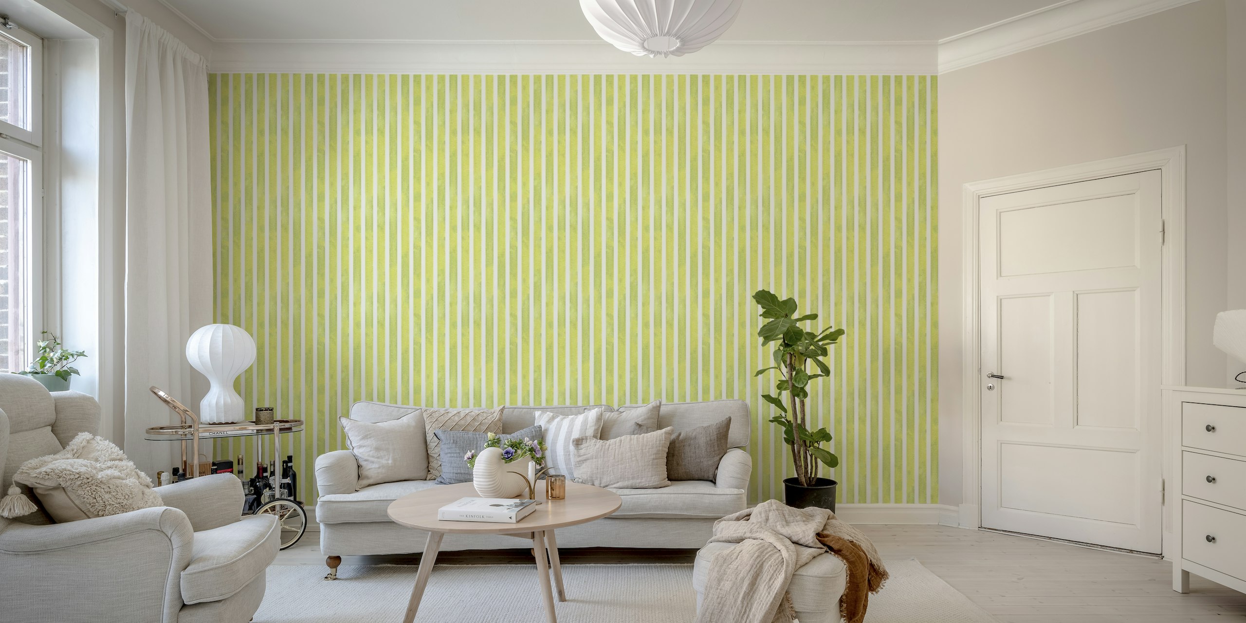 Abstract spring green watercolor striped wall mural