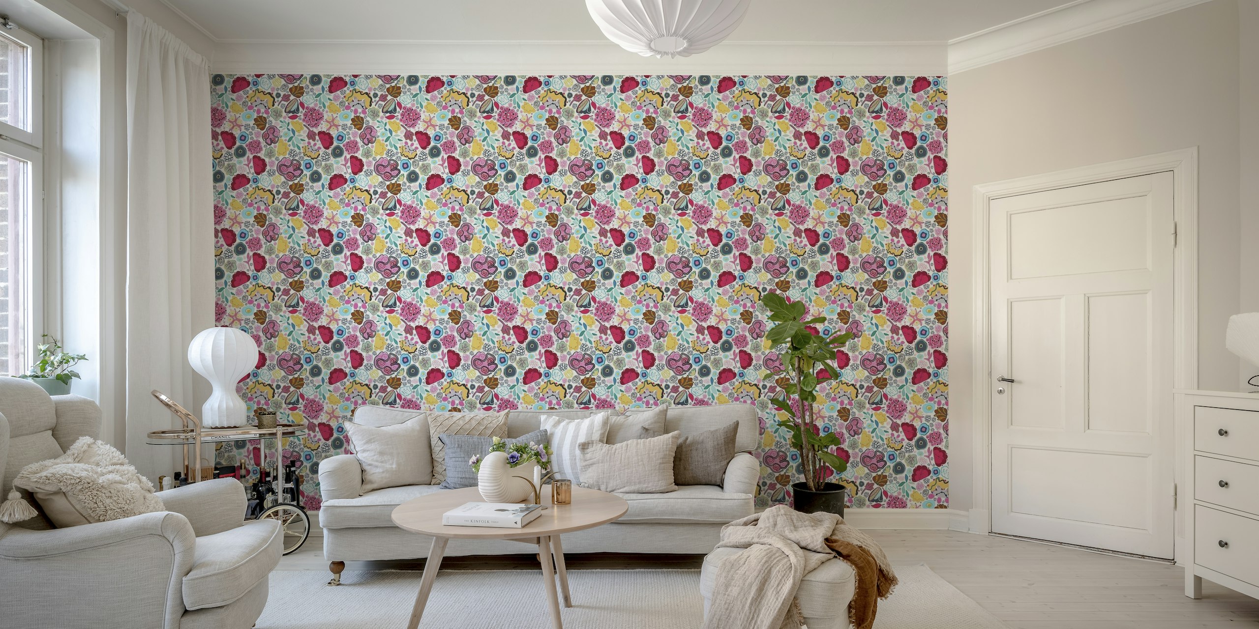 Colorful abstract floral wall mural with vibrant flowers and white background