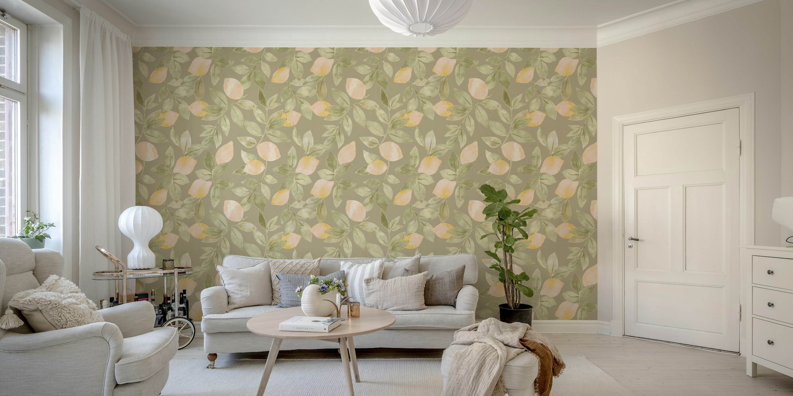 Hand-painted lemon and foliage wall mural on greenish-taupe background