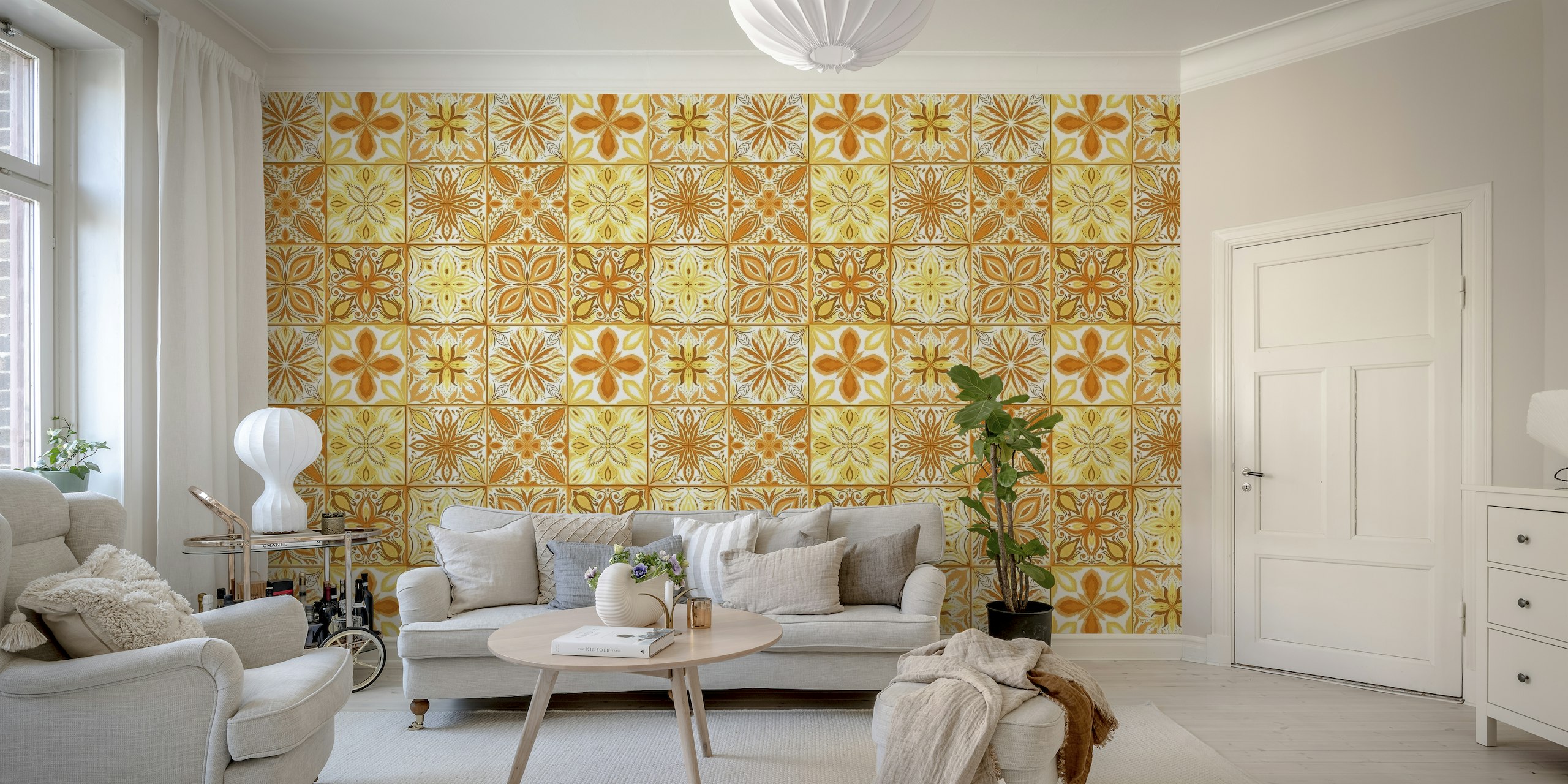 Ornate tiles in orange and yellow papel de parede