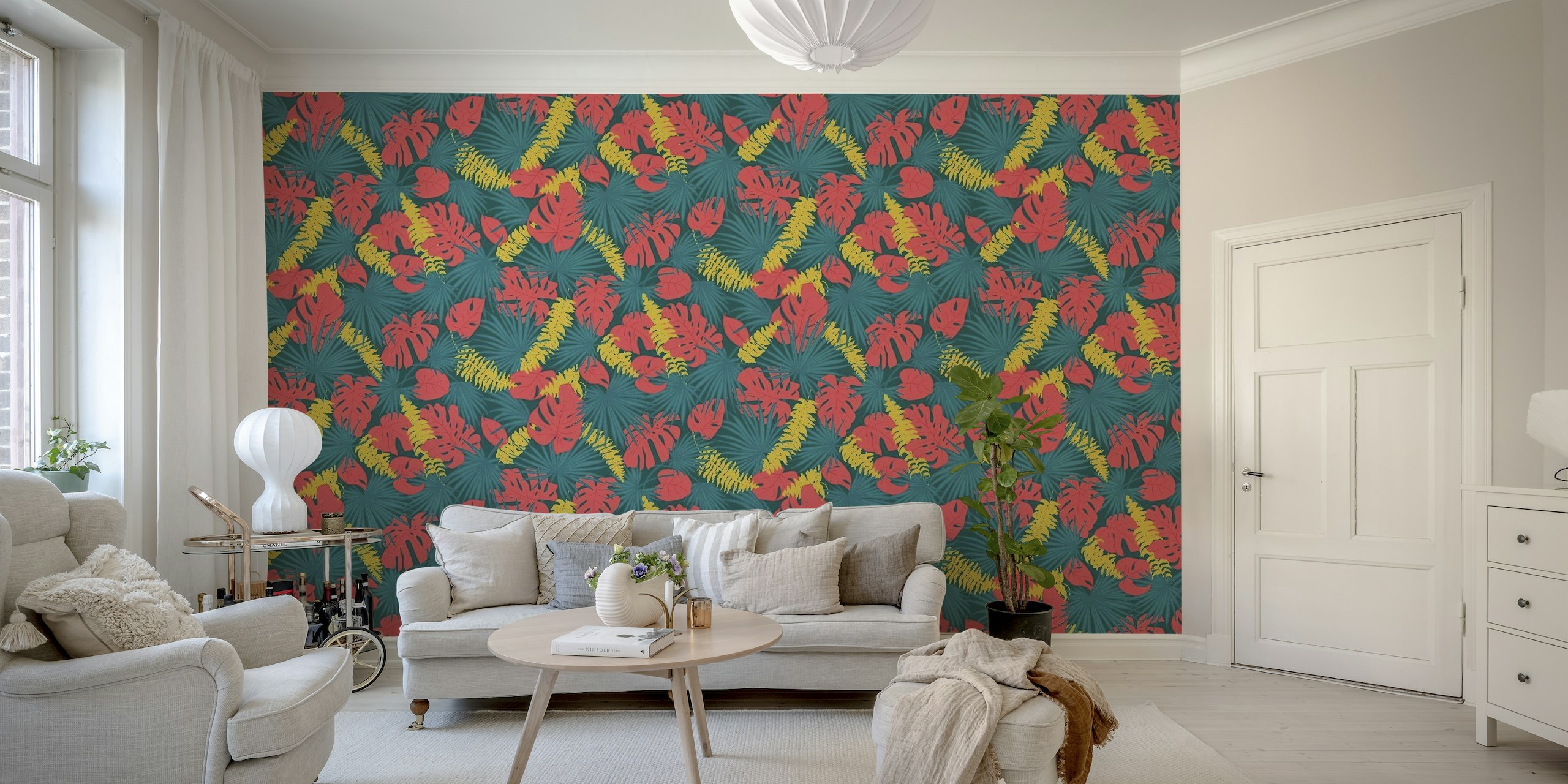 Into The Jungle - Giant Blue - Tropical leaf print with monstera, palm and fern tapete