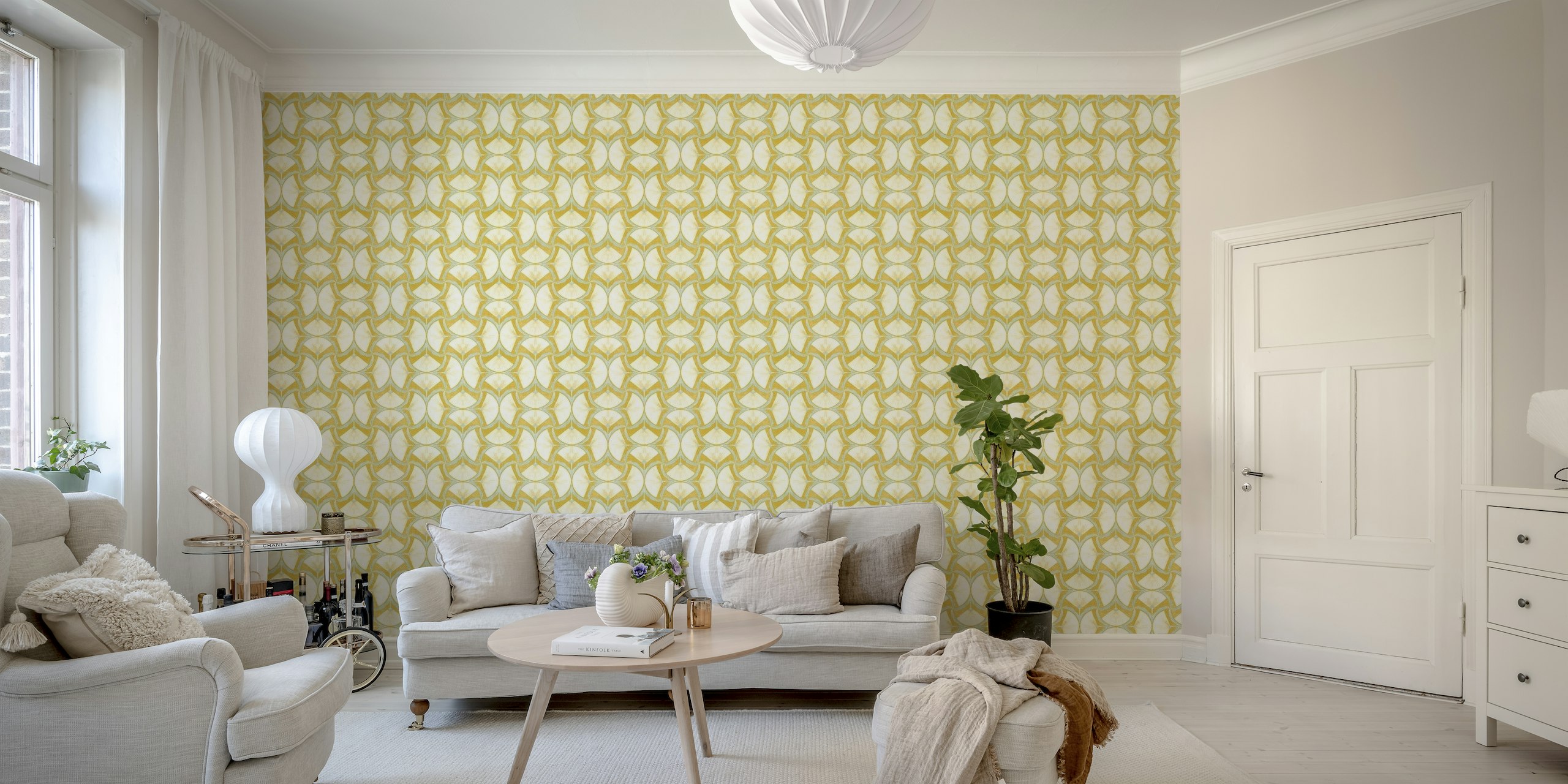 Floral Harmony: Delicate Hand-Drawn Symmetry on mustard background papel de parede