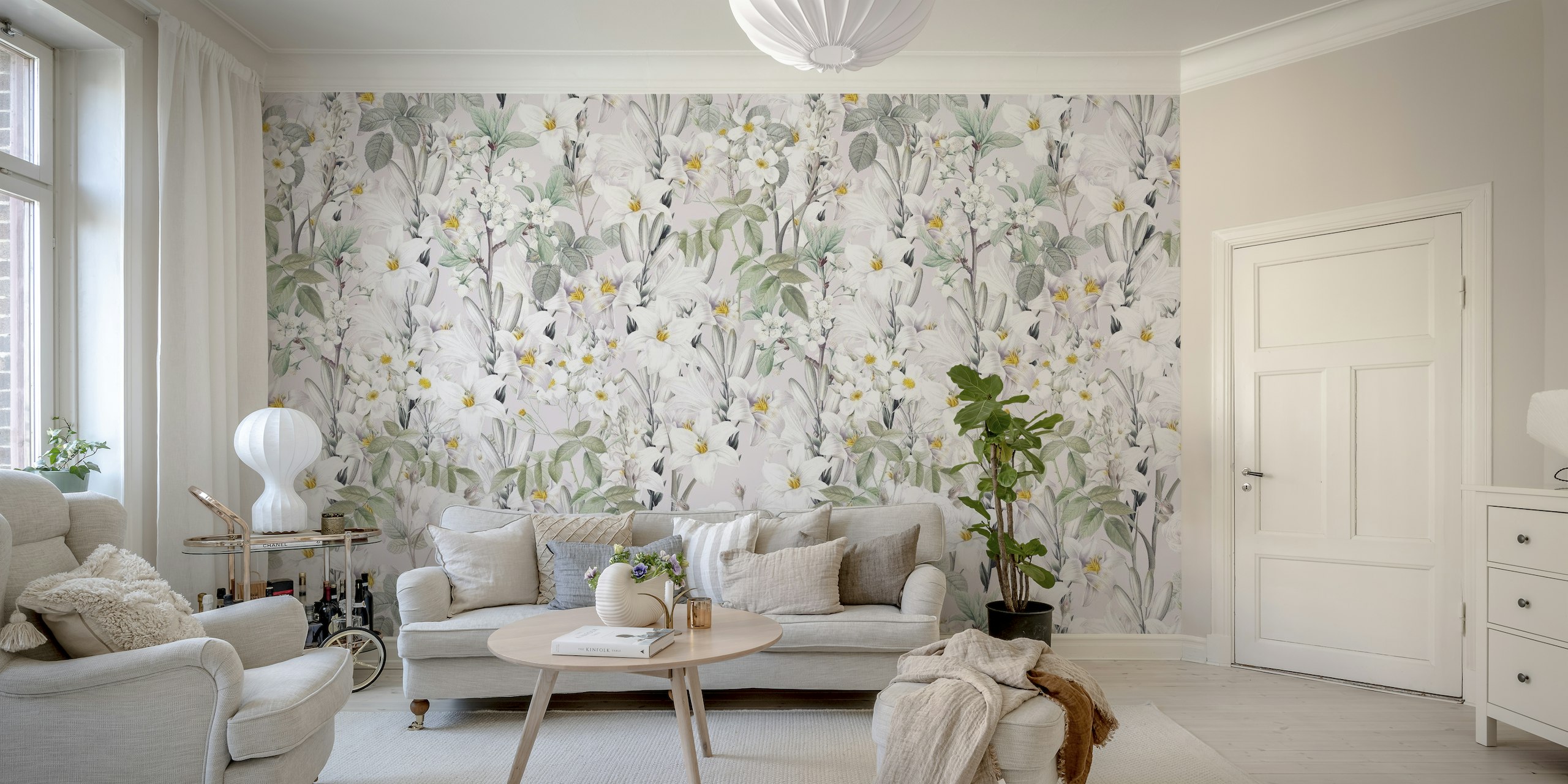 Magic Garden vægmaleri med hvide blomster og grønt løv