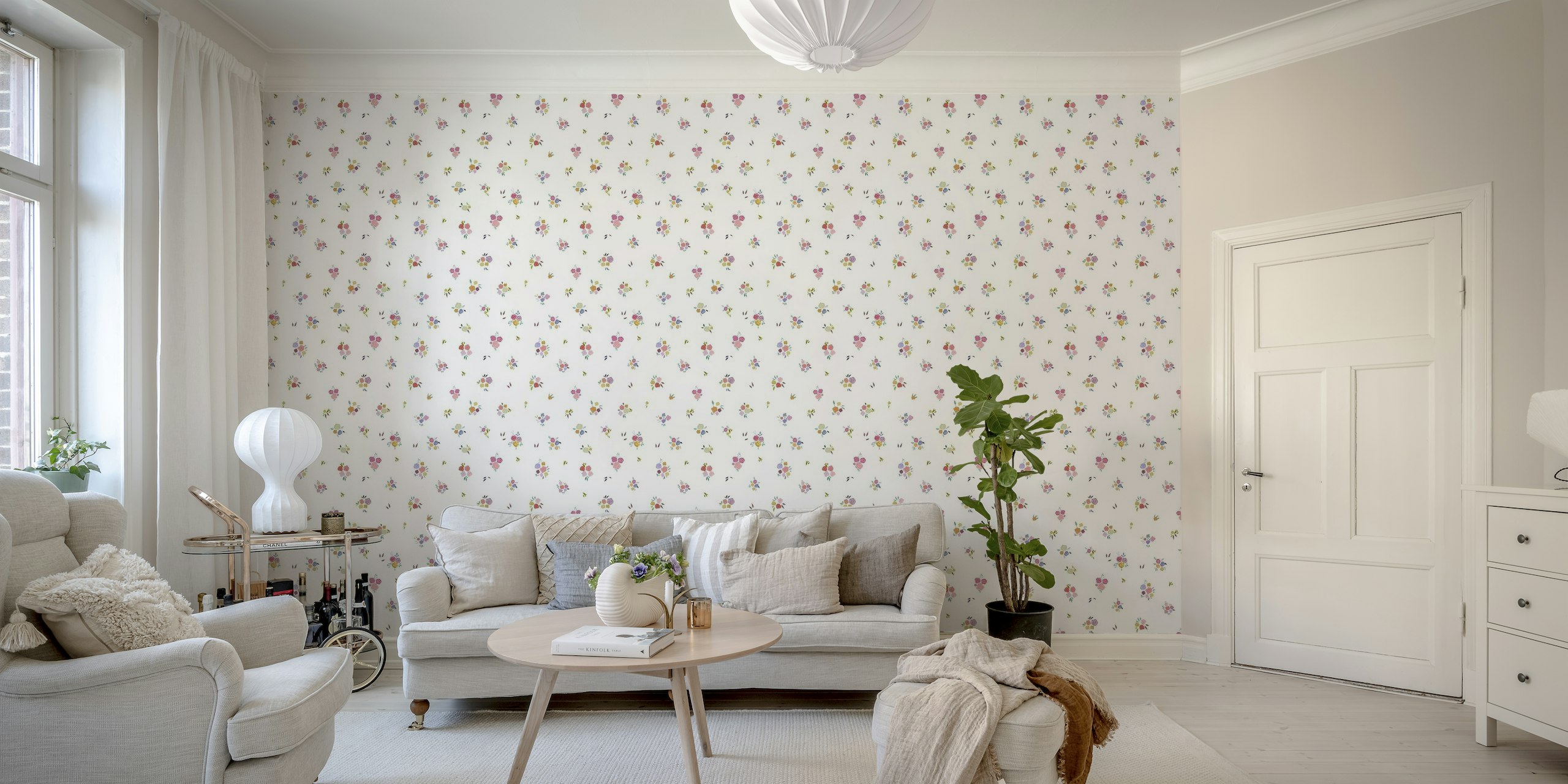 Ditsy floral pattern wall mural with colorful small flowers on a white background