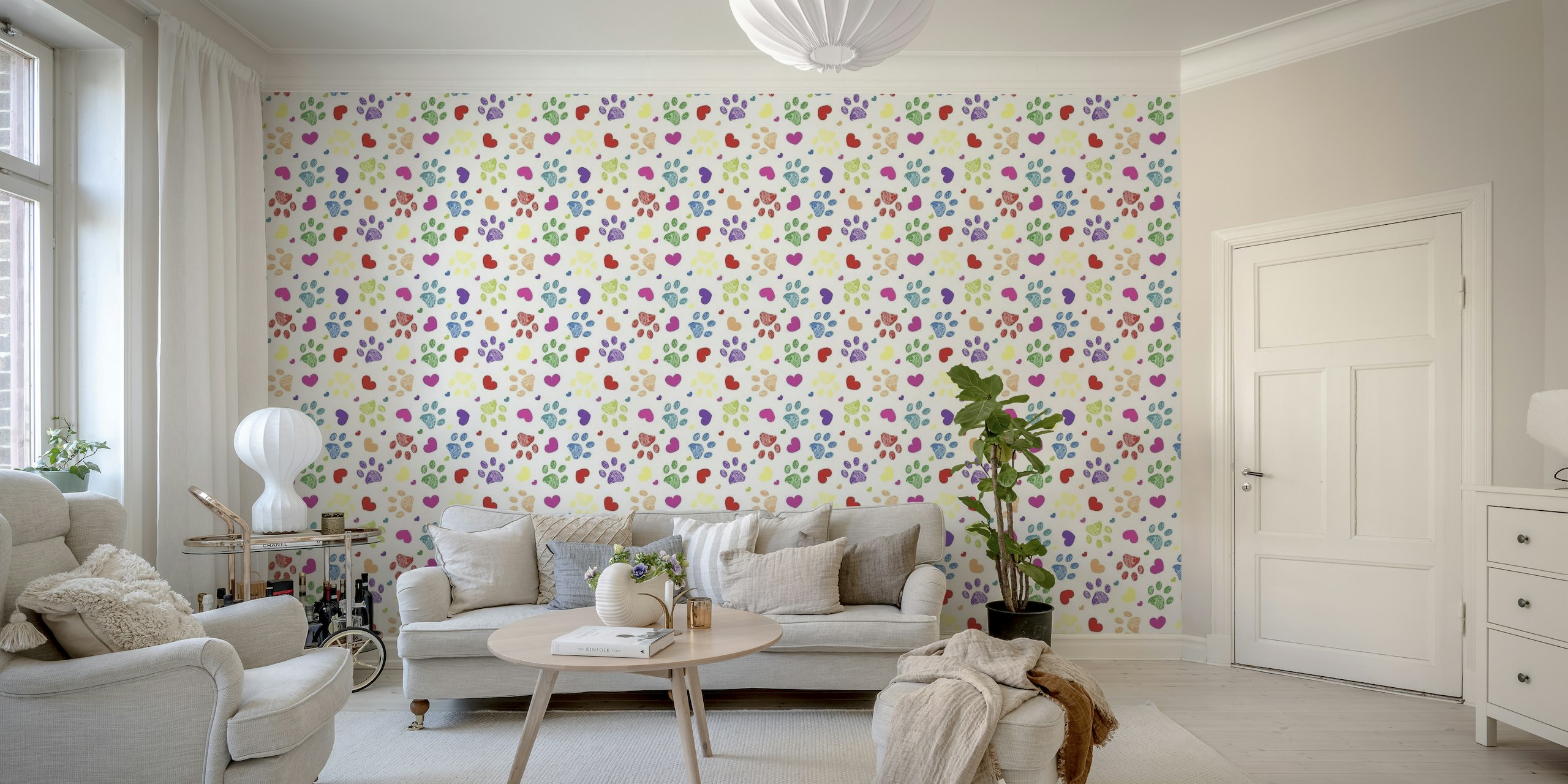 Colorful doodle paw prints with hearts cat dog lover wallpaper