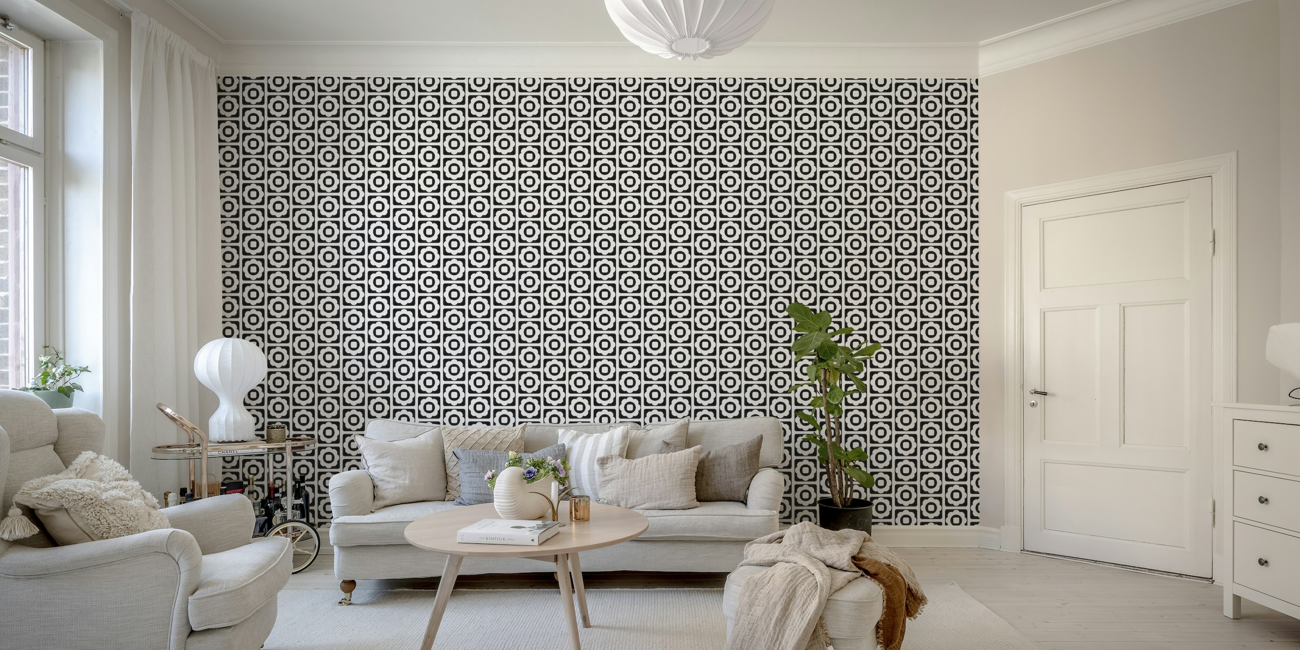 2689 E - black and white floral tiles papel de parede
