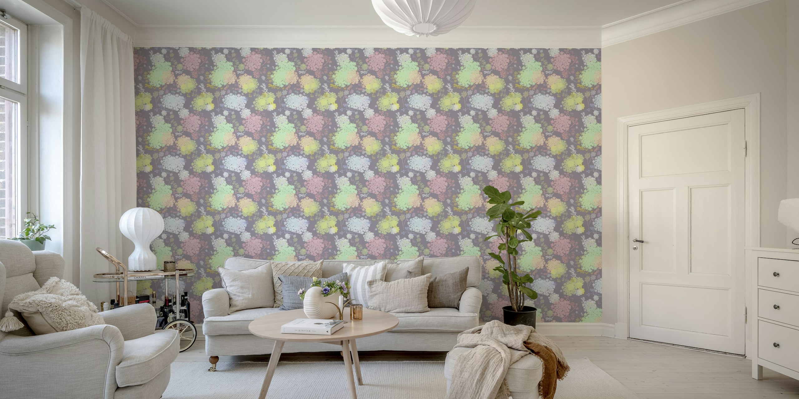 Chic wall mural featuring pastel floral patterns on a dark backdrop with lace-like details