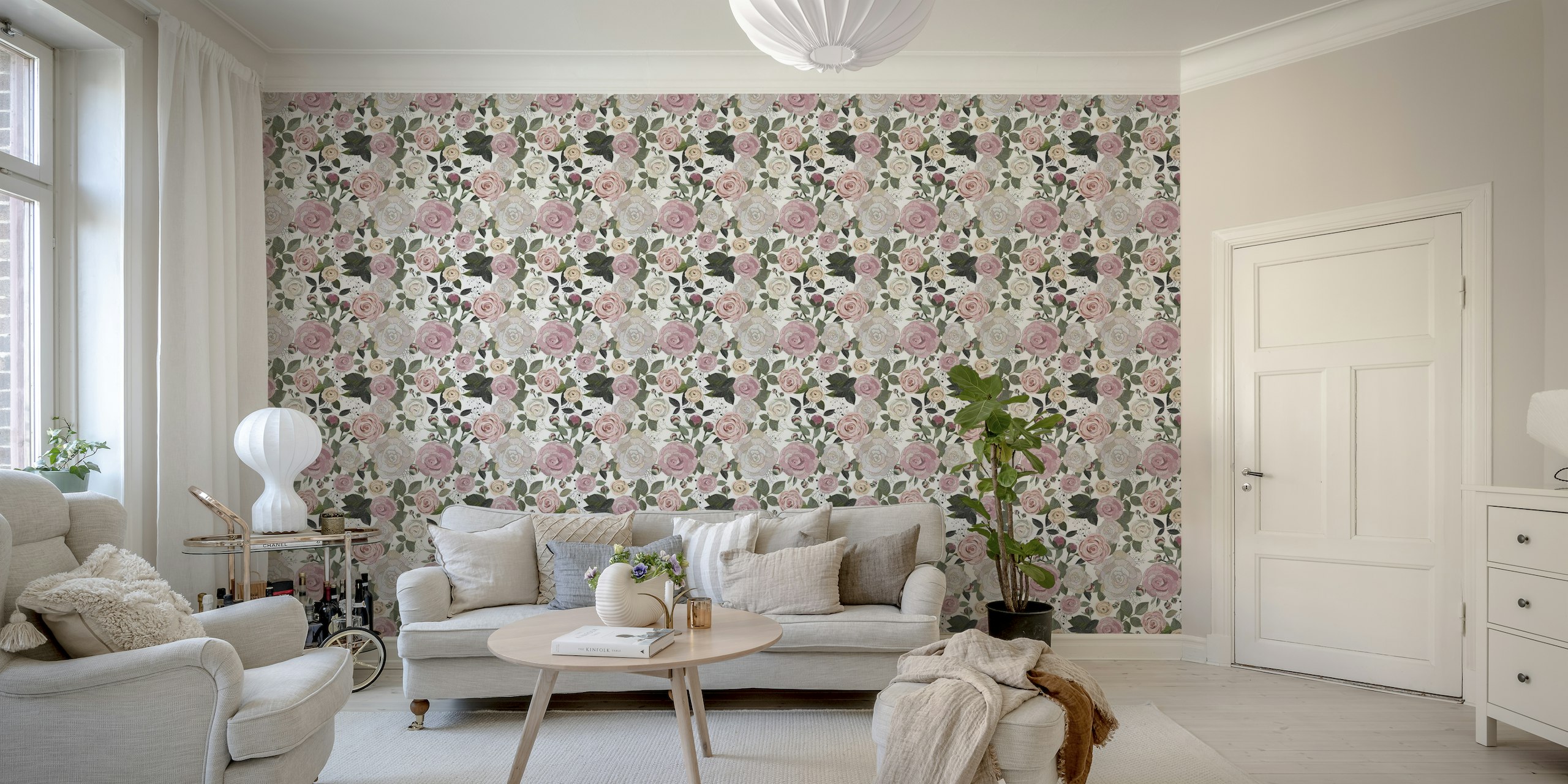 Peony and rose pattern white wallpaper
