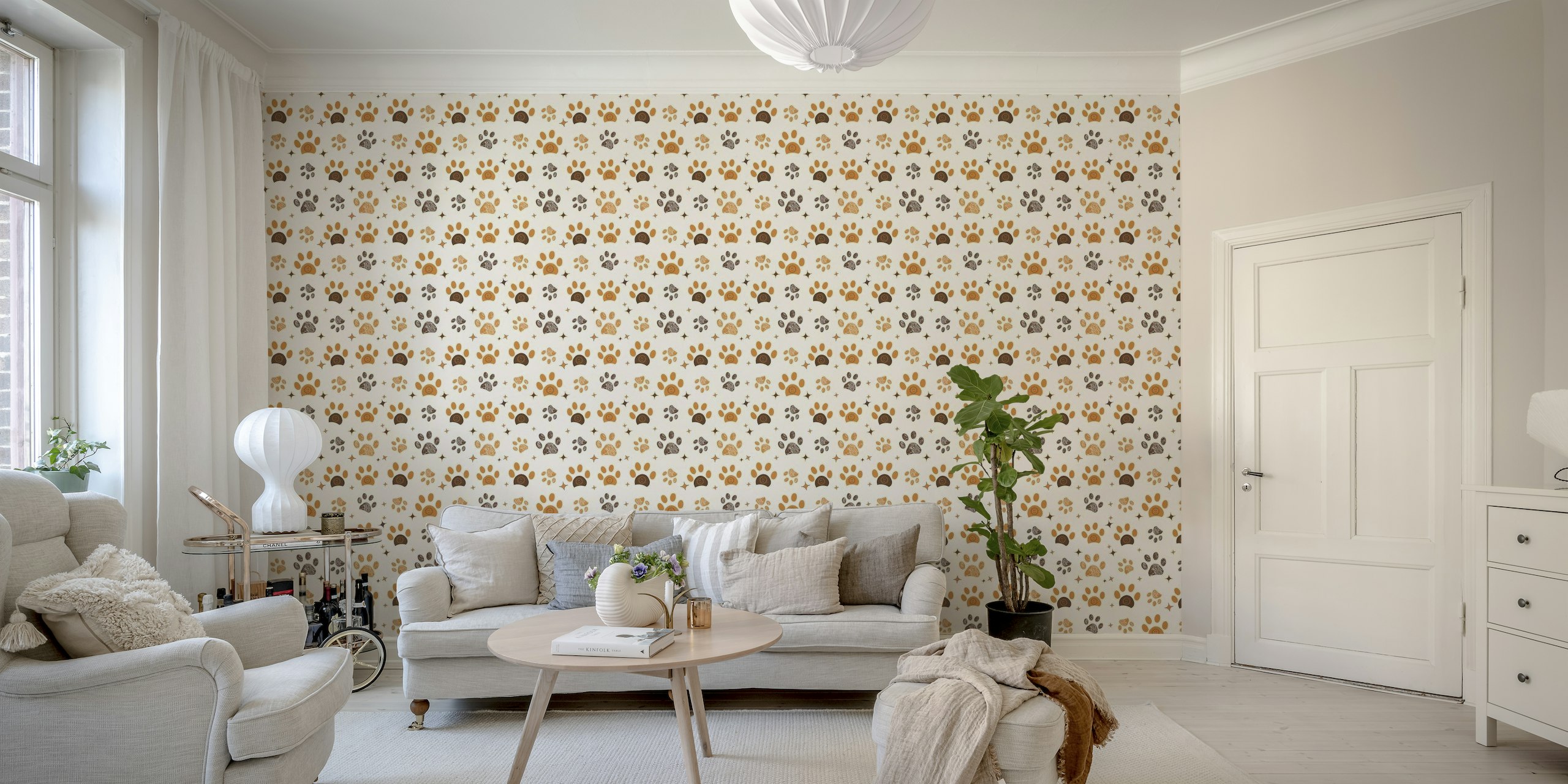 Adorable paw prints and stars pattern wall mural on a light background