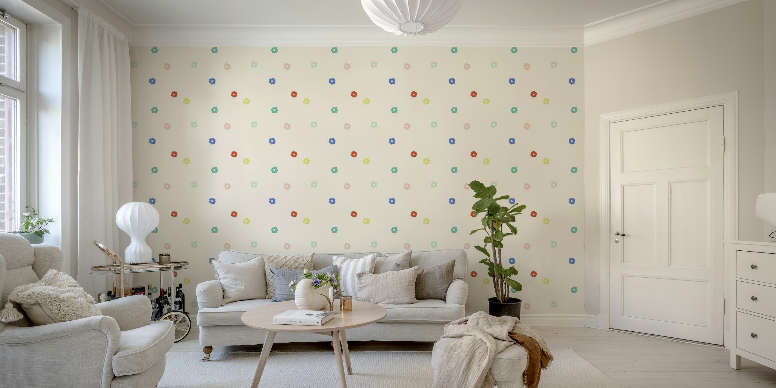 Beige wall mural with subtle multicolored flower bursts pattern