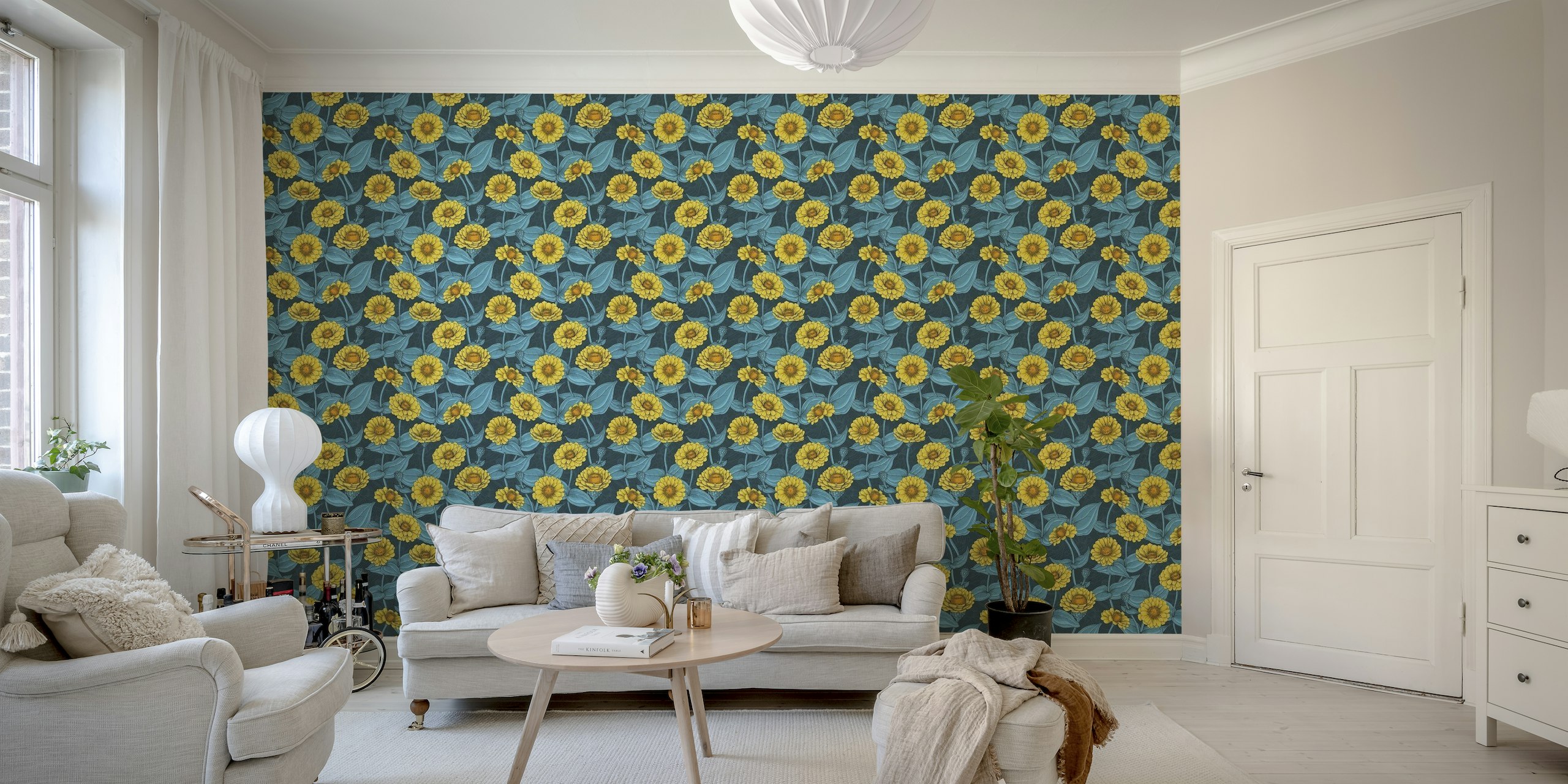 Yellow Zinnias on dark blue wallpaper
