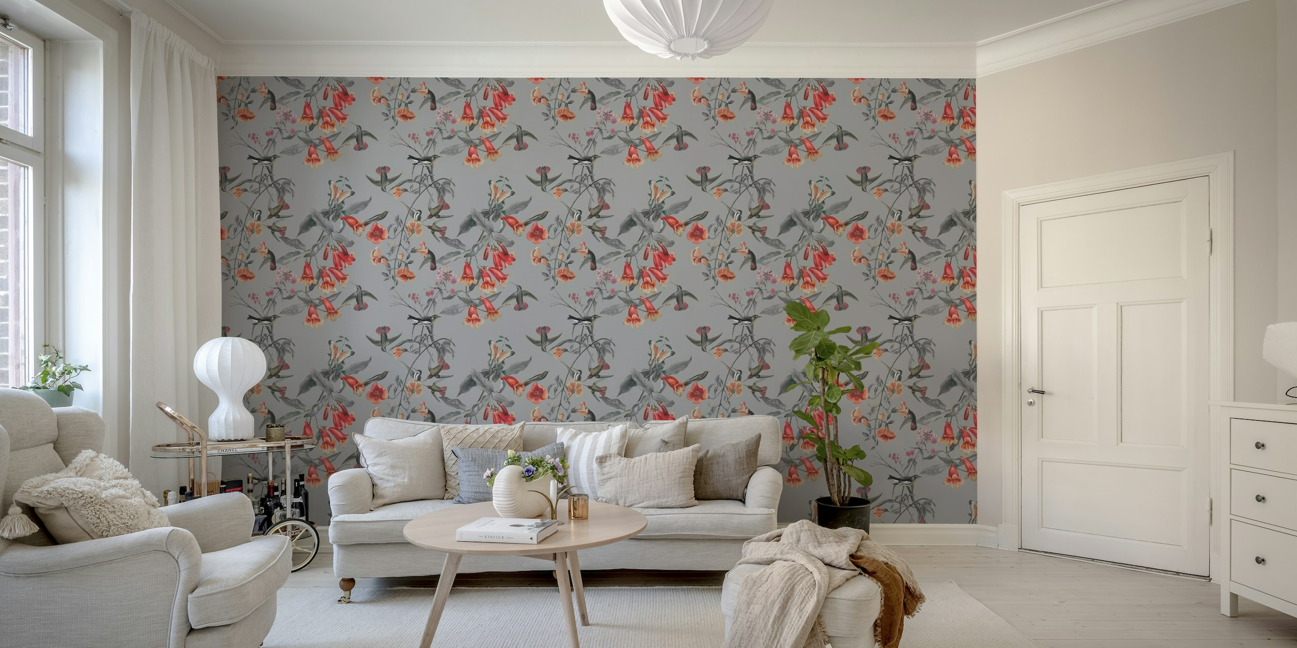 Hummingbirds and Flowers Grey Background papel de parede