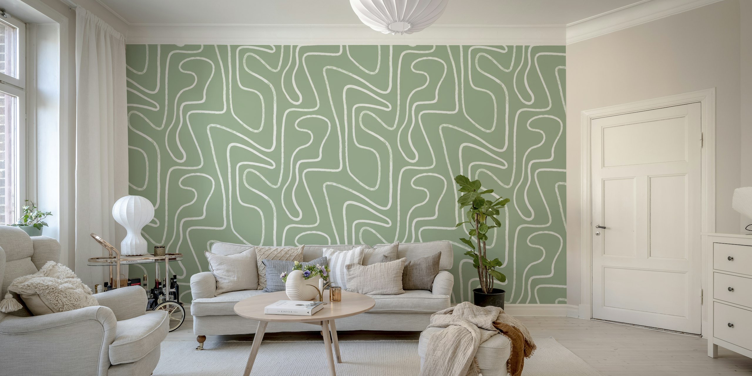 Abstract Lines in Sage Green Hand Drawn papel de parede